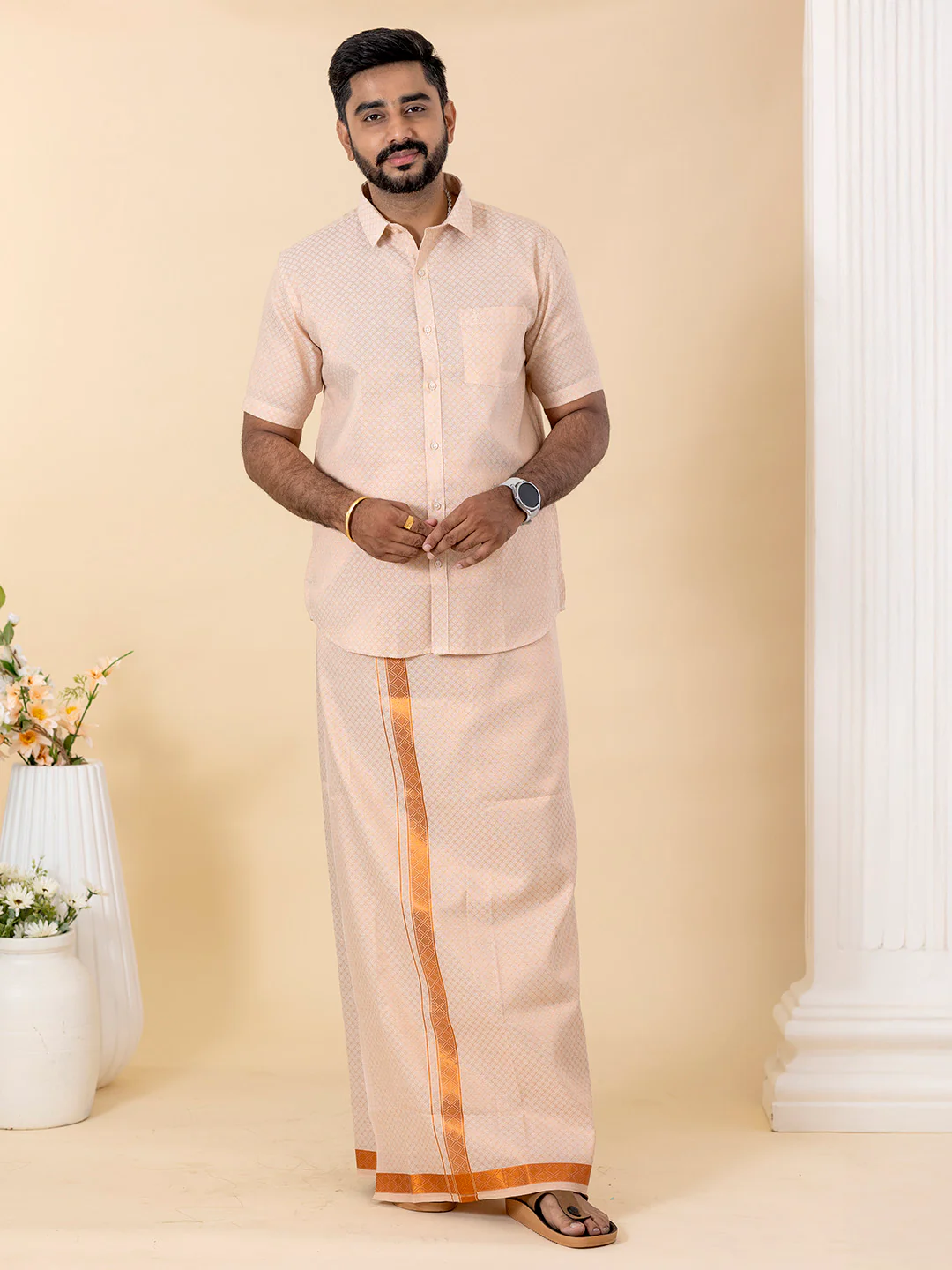 Couple Combo Shirt & Dhoti Set with Saree Copper ASS128 - Image 5