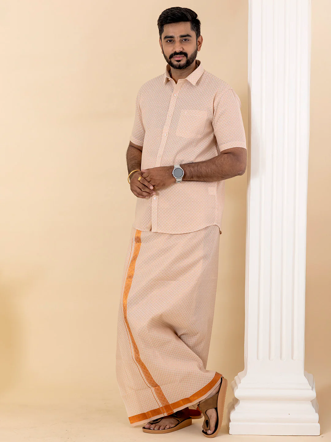 Couple Combo Shirt & Dhoti Set with Saree Copper ASS128 - Image 7