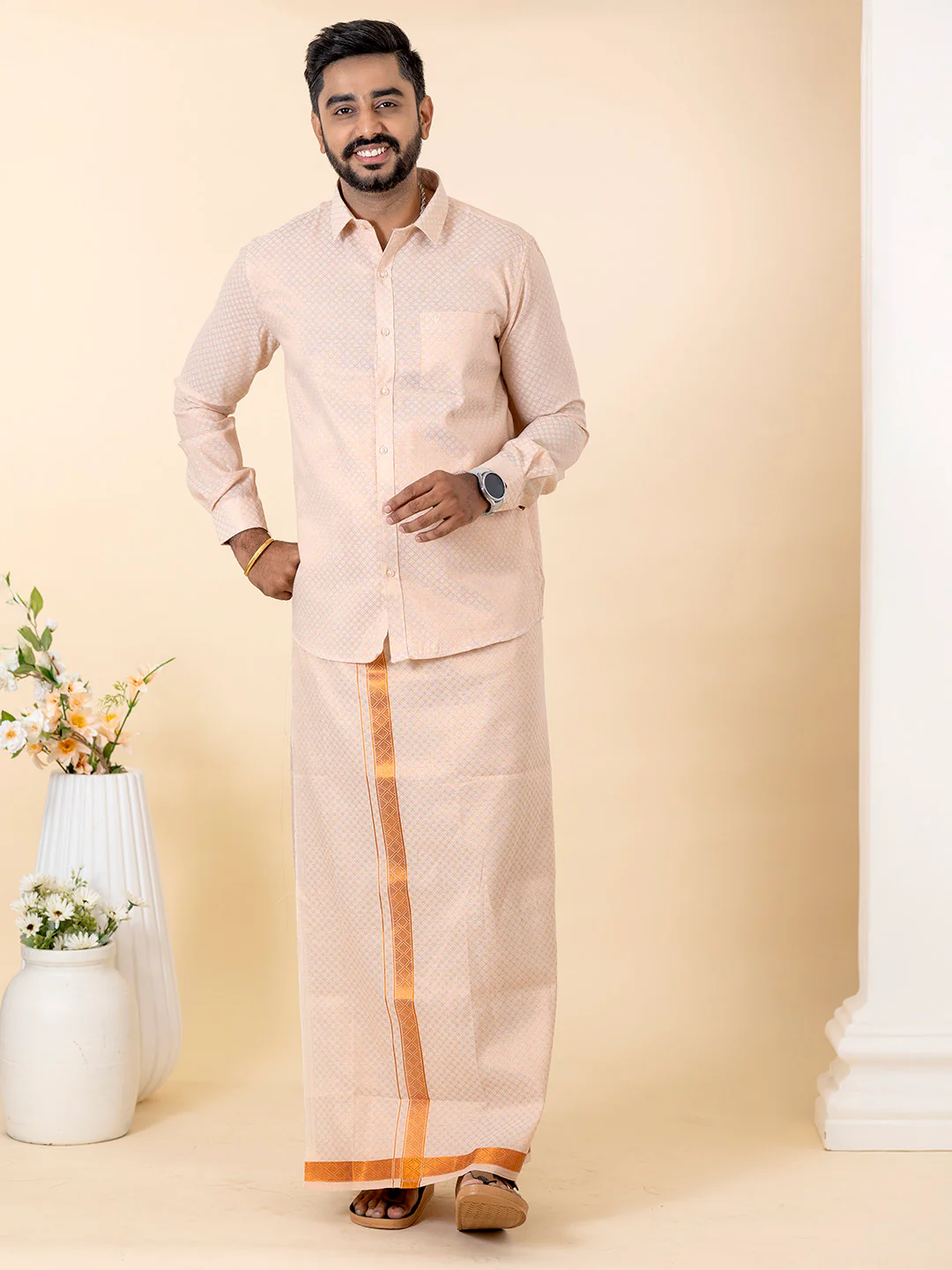 Couple Combo Shirt & Dhoti Set with Saree Copper ASS128 - Image 9