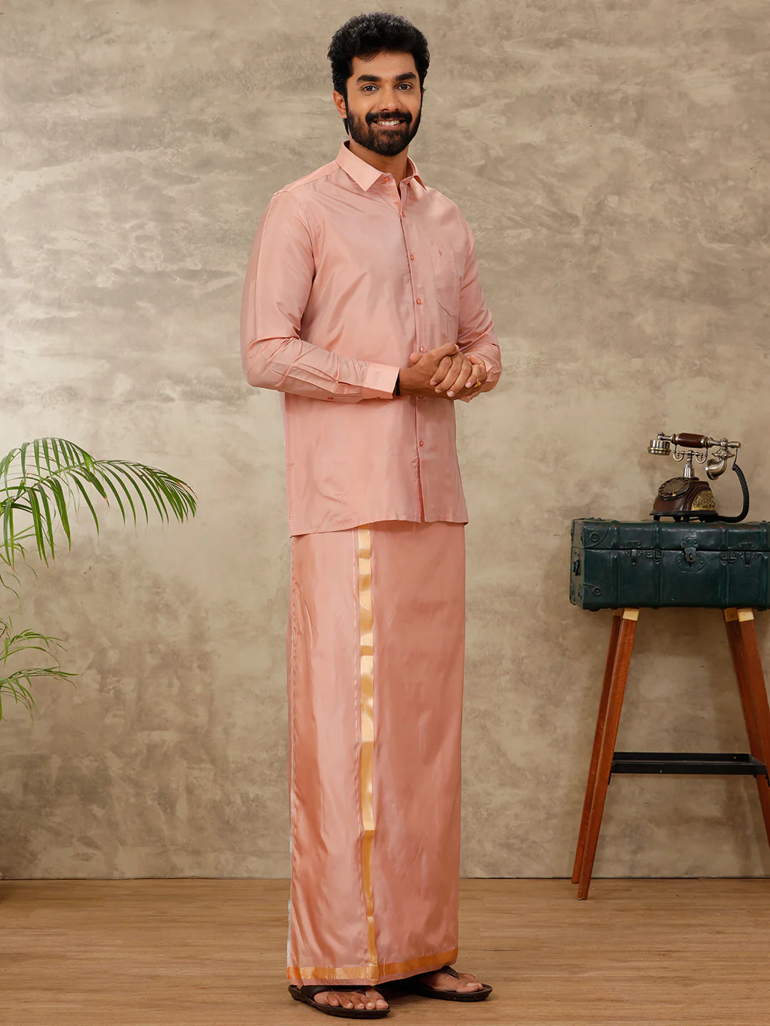 Couple Combo Shirt & Dhoti Set with Saree Copper Tone ASS98 - Image 2