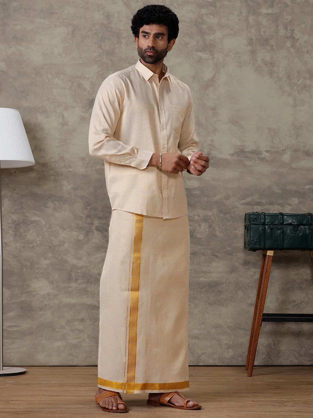Couple Combo Shirt & Dhoti Set with Saree Gold ASS72 - Image 2