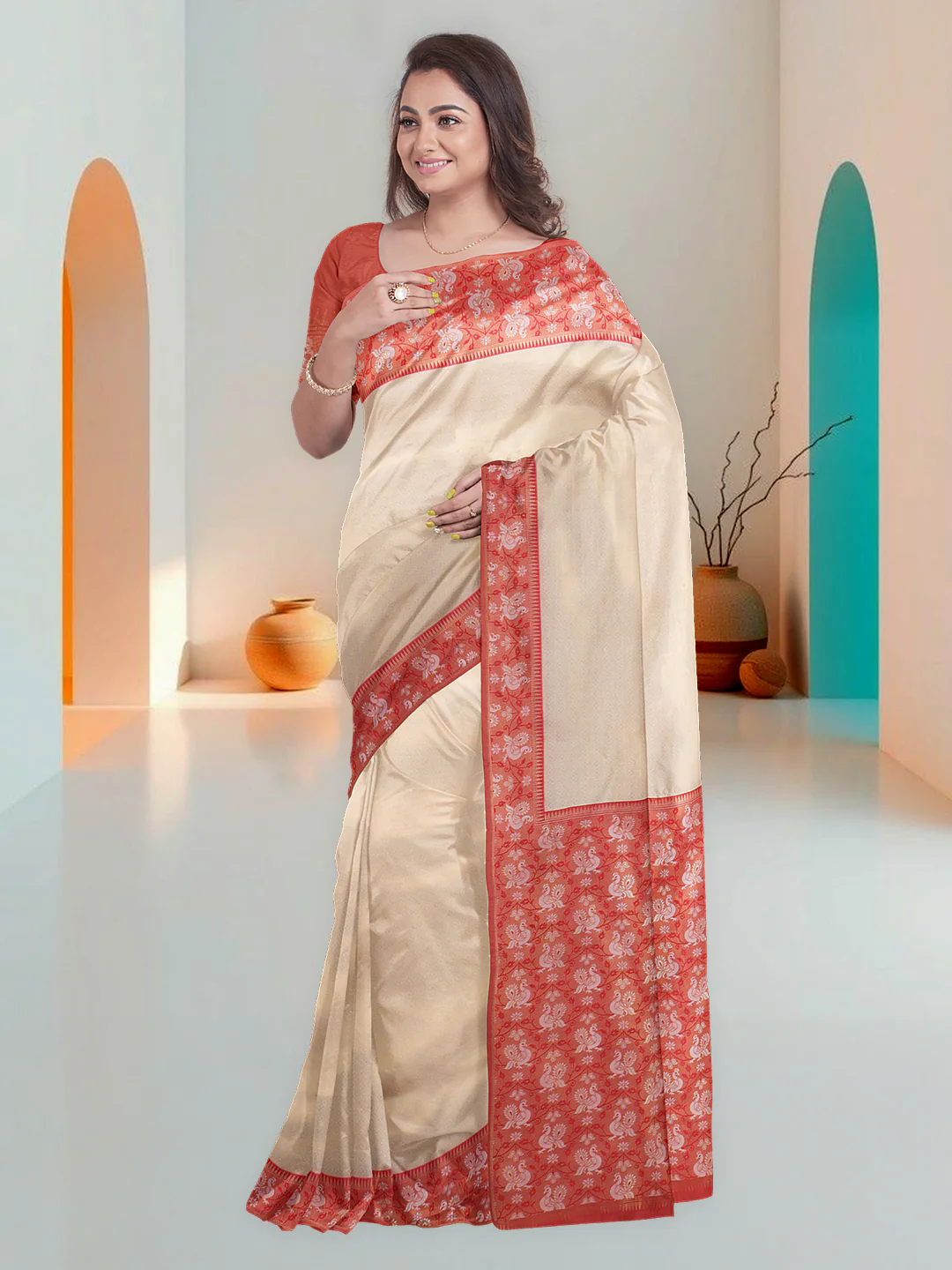 Couple Combo Shirt & Dhoti Set with Saree Gold ASS72 - Image 3