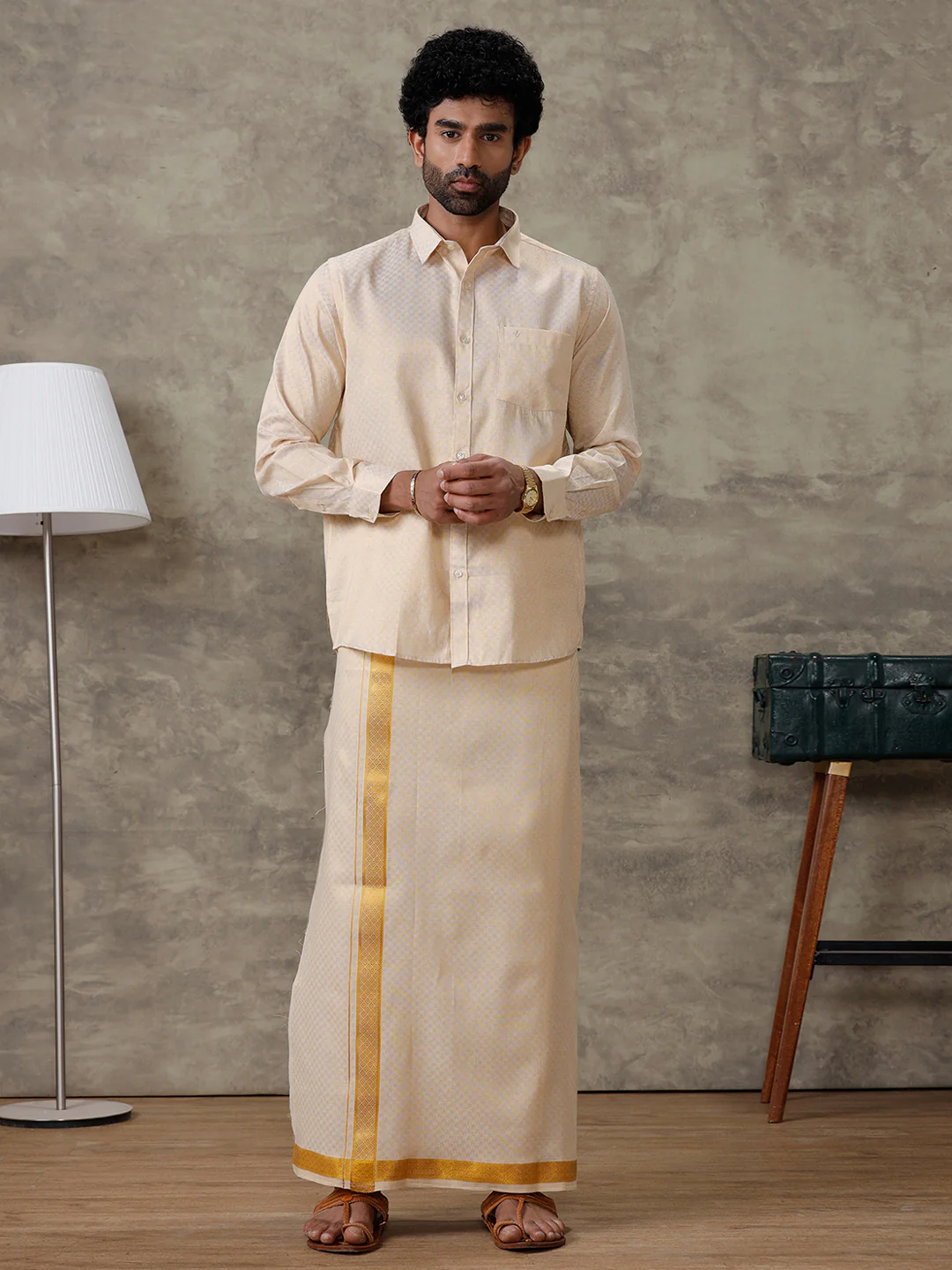 Couple Combo Shirt & Dhoti Set with Saree Gold ASS72 - Image 4