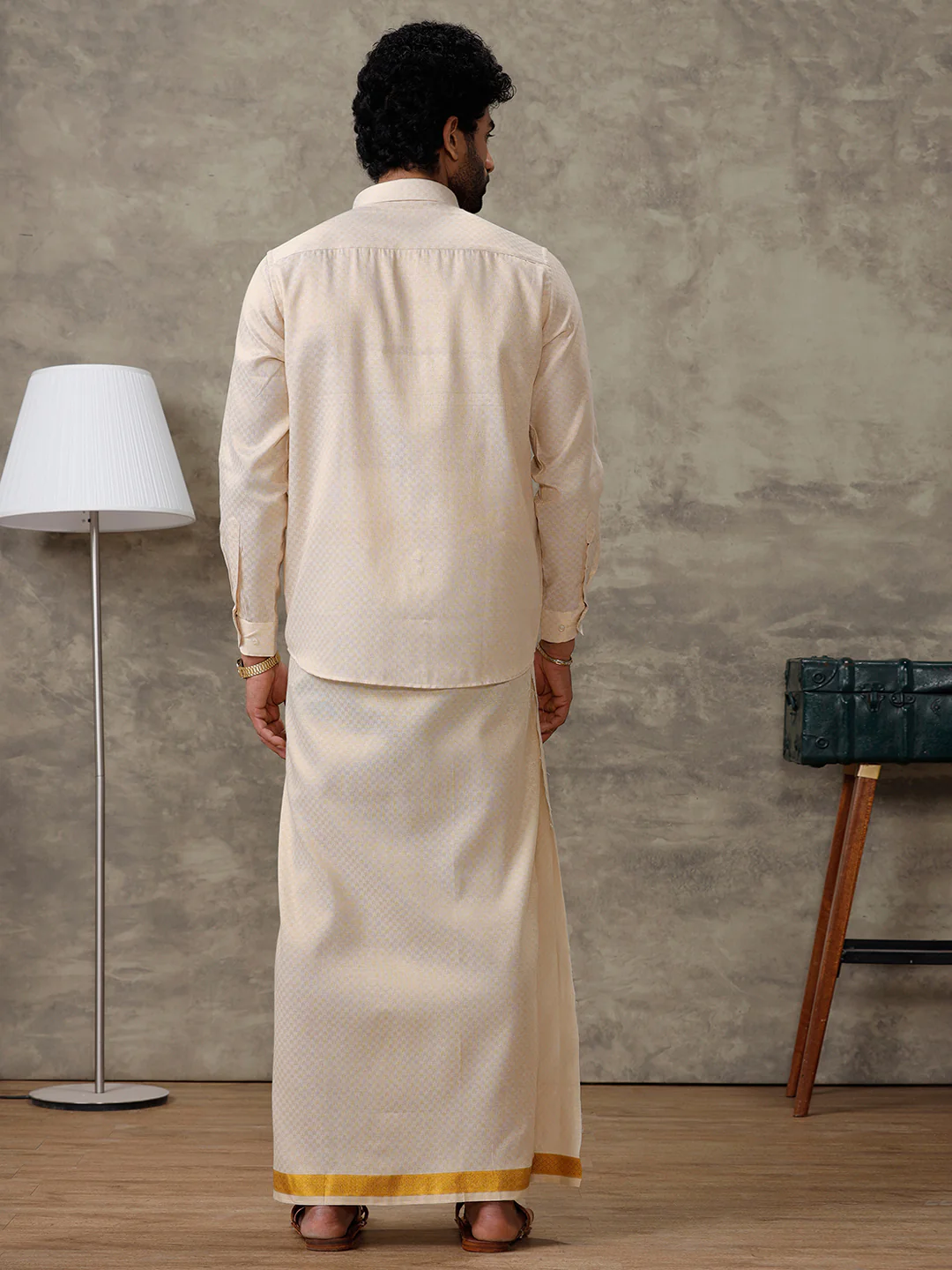 Couple Combo Shirt & Dhoti Set with Saree Gold ASS72 - Image 6