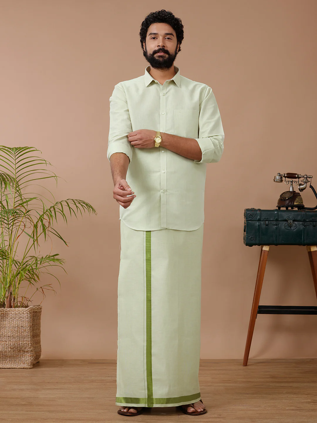 Couple Combo Shirt & Dhoti Set with Saree Green - Image 2