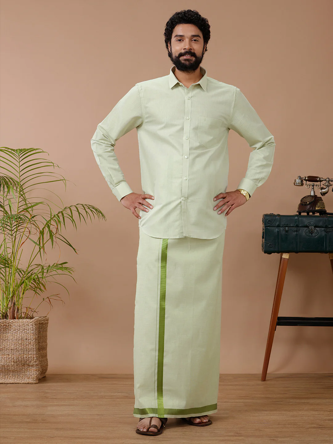 Couple Combo Shirt & Dhoti Set with Saree Green - Image 4