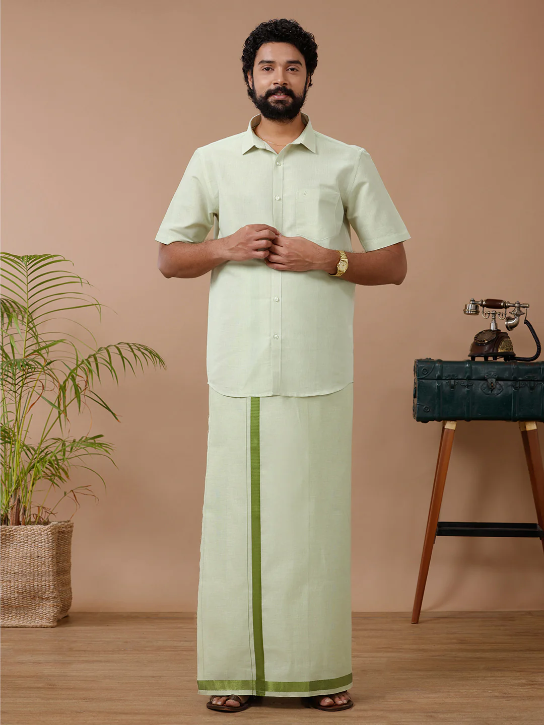 Couple Combo Shirt & Dhoti Set with Saree Green - Image 6