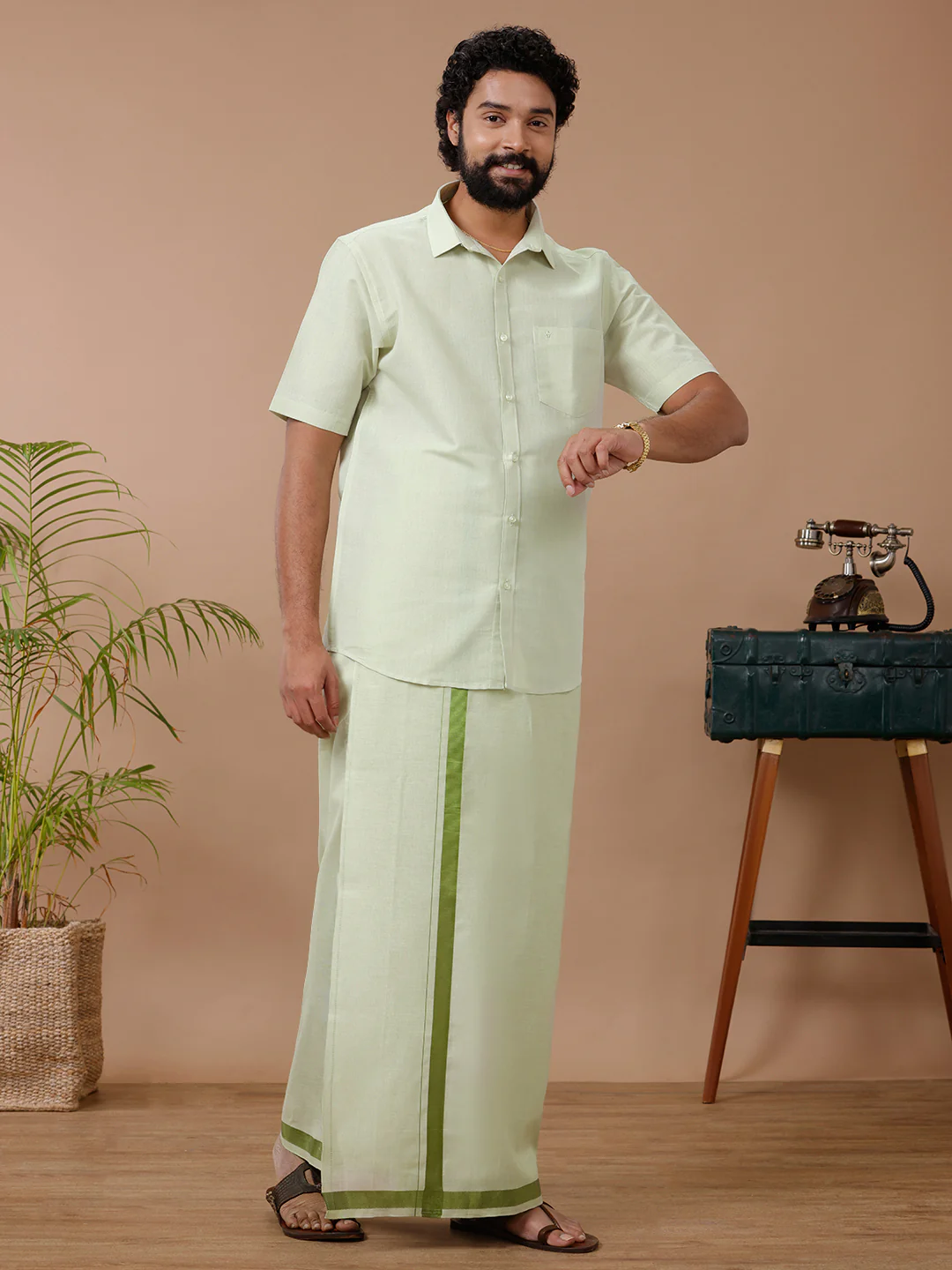 Couple Combo Shirt & Dhoti Set with Saree Green - Image 8