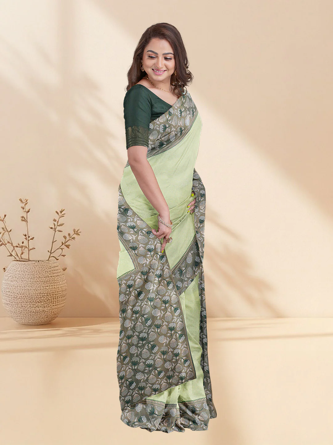 Couple Combo Shirt & Dhoti Set with Saree Green ASS74 - Image 2