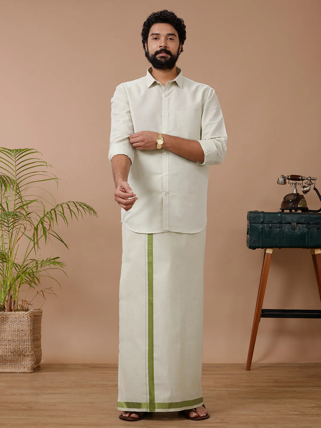 Couple Combo Shirt & Dhoti Set with Saree Green ASS74 - Image 5