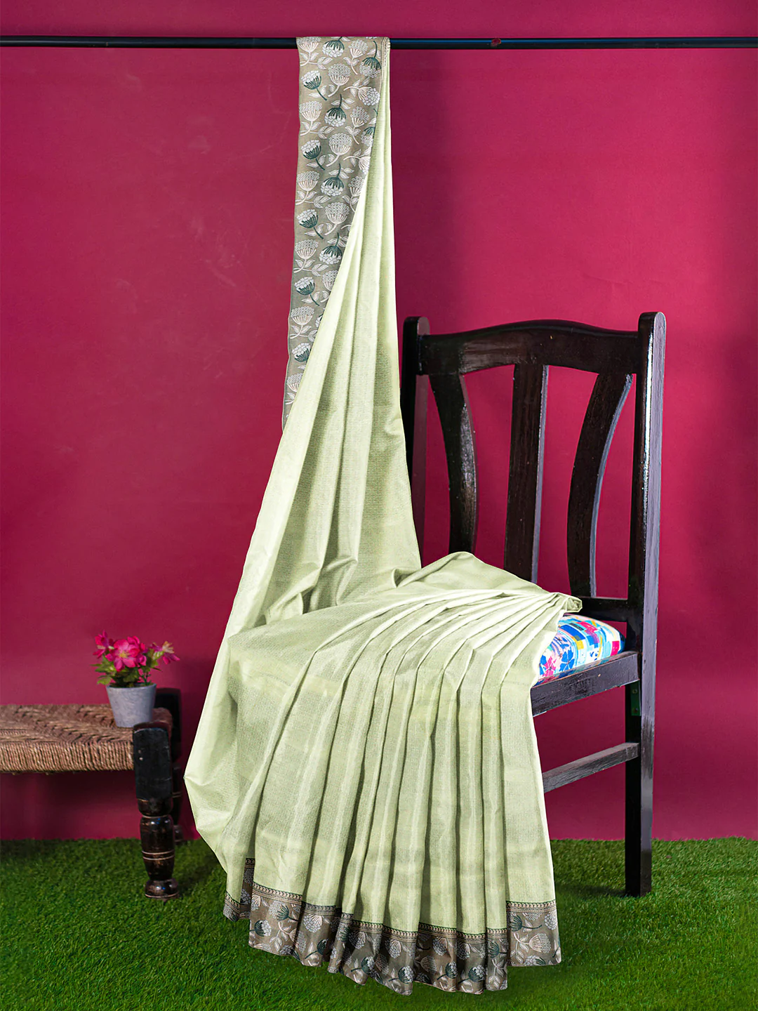 Couple Combo Shirt & Dhoti Set with Saree Green ASS74 - Image 7