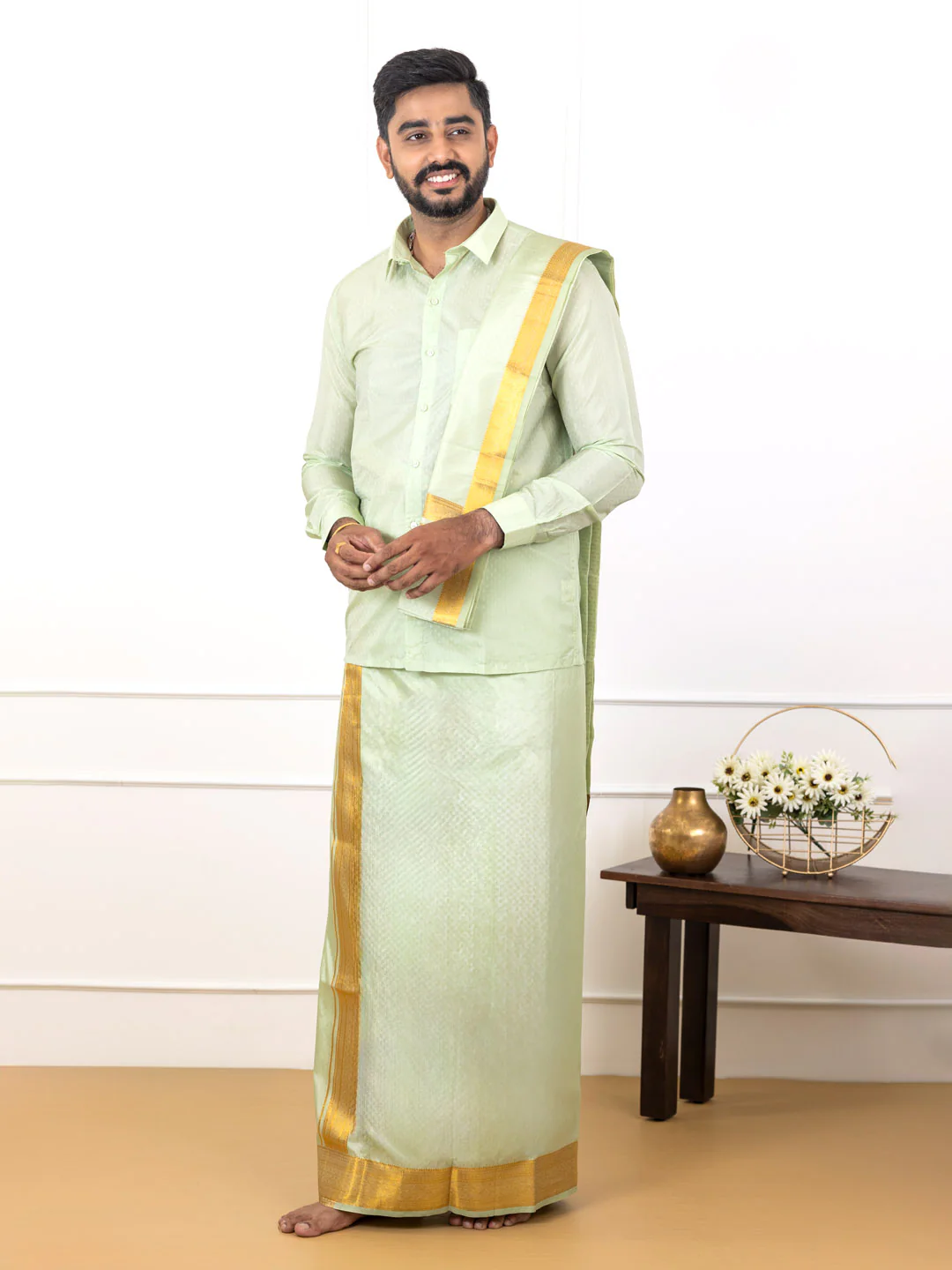 Couple Combo Shirt & Dhoti Set with Saree Green ASS97 - Image 2