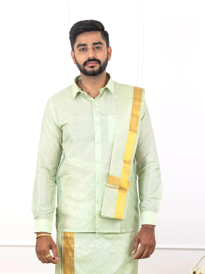 Couple Combo Shirt & Dhoti Set with Saree Green ASS97 - Image 4