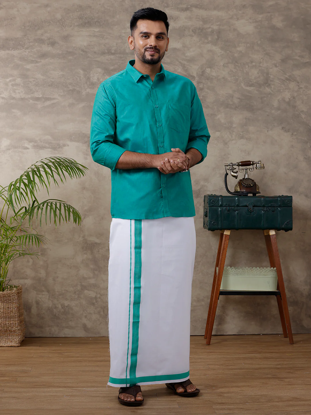 Couple Combo Shirt & Dhoti Set with Saree Green ST297 - Image 3