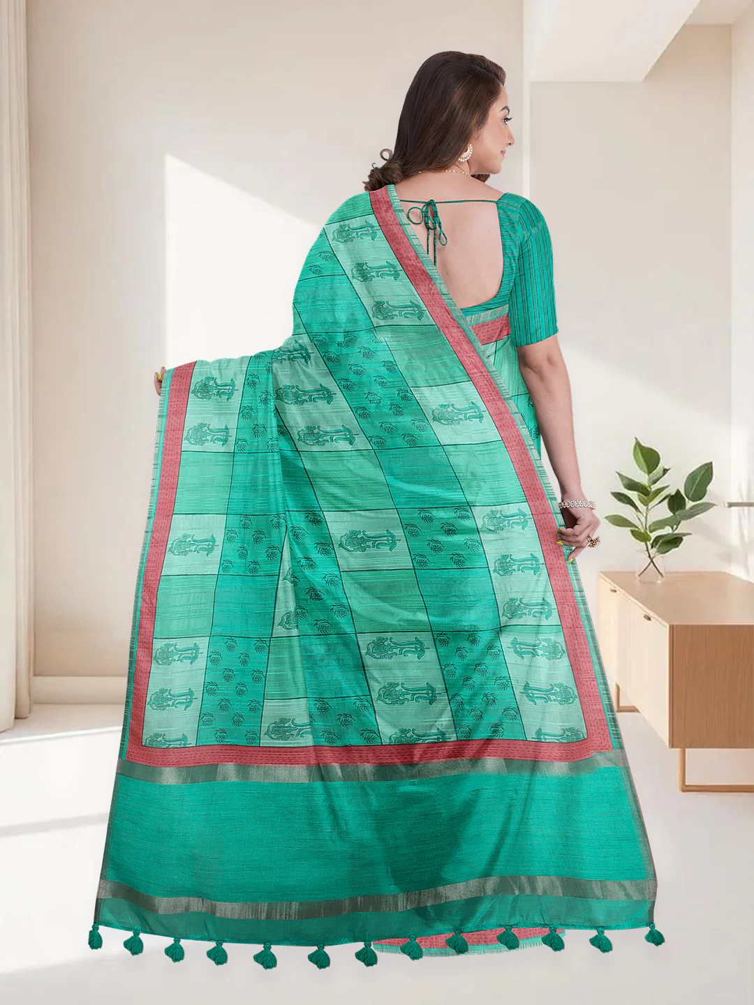 Couple Combo Shirt & Dhoti Set with Saree Green ST297 - Image 4