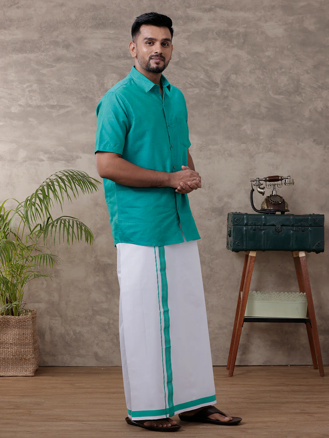 Couple Combo Shirt & Dhoti Set with Saree Green ST297 - Image 5