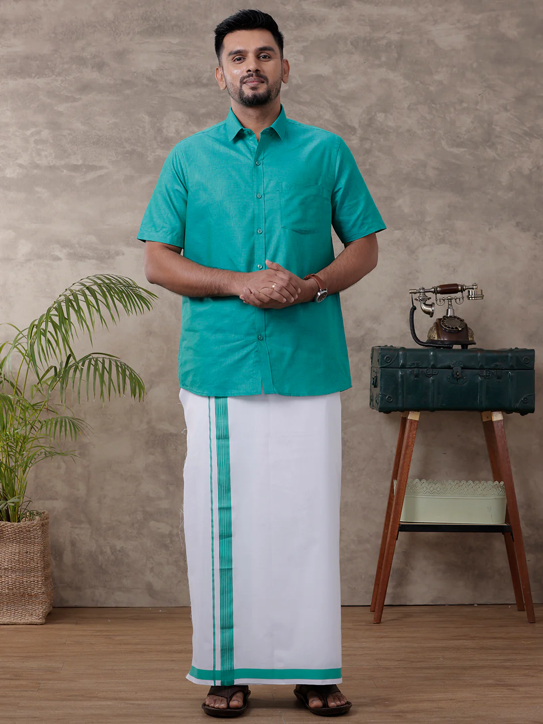 Couple Combo Shirt & Dhoti Set with Saree Green ST297 - Image 7