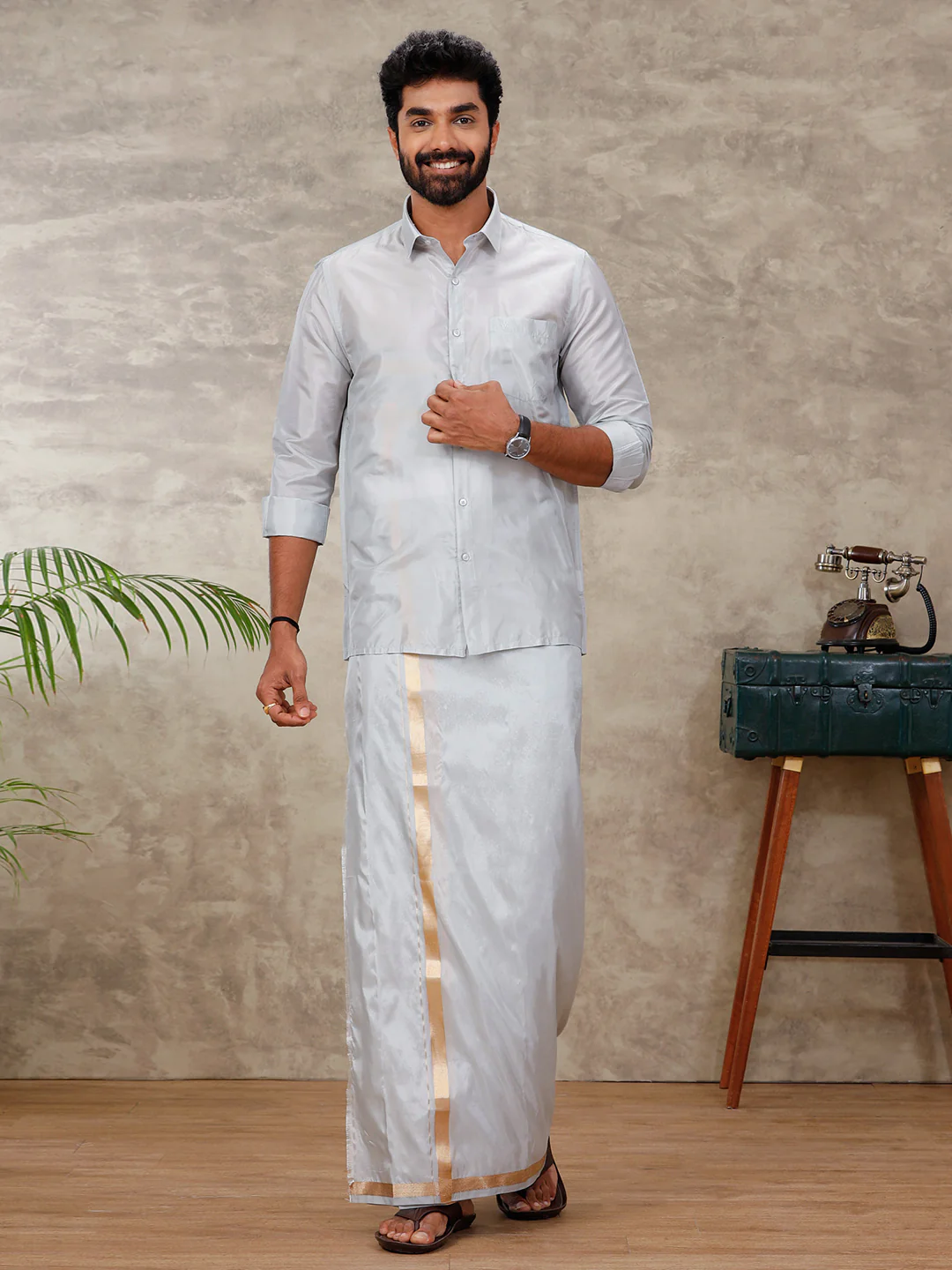 Couple Combo Shirt & Dhoti Set with Saree Silver Grey ASS95 - Image 3