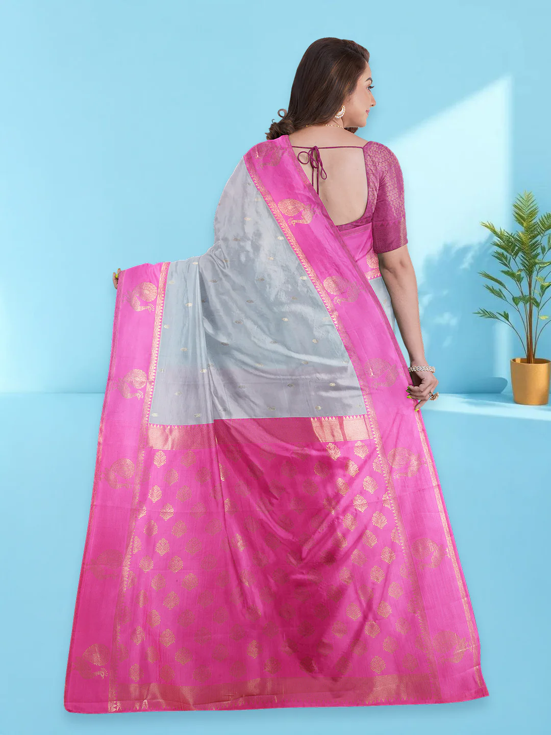 Couple Combo Shirt & Dhoti Set with Saree Silver Grey ASS95 - Image 4