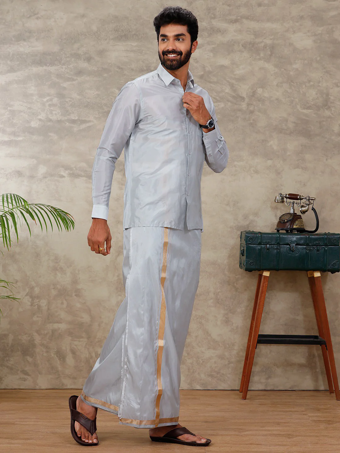 Couple Combo Shirt & Dhoti Set with Saree Silver Grey ASS95 - Image 7