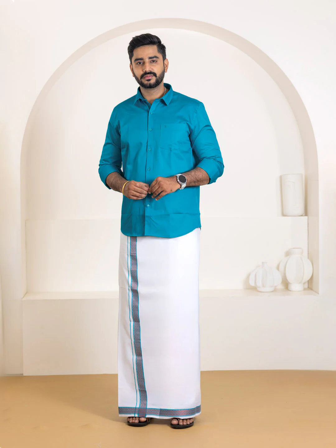 Couple Combo Shirt & Dhoti Set with Saree Jungle Green ASS121 - Image 3