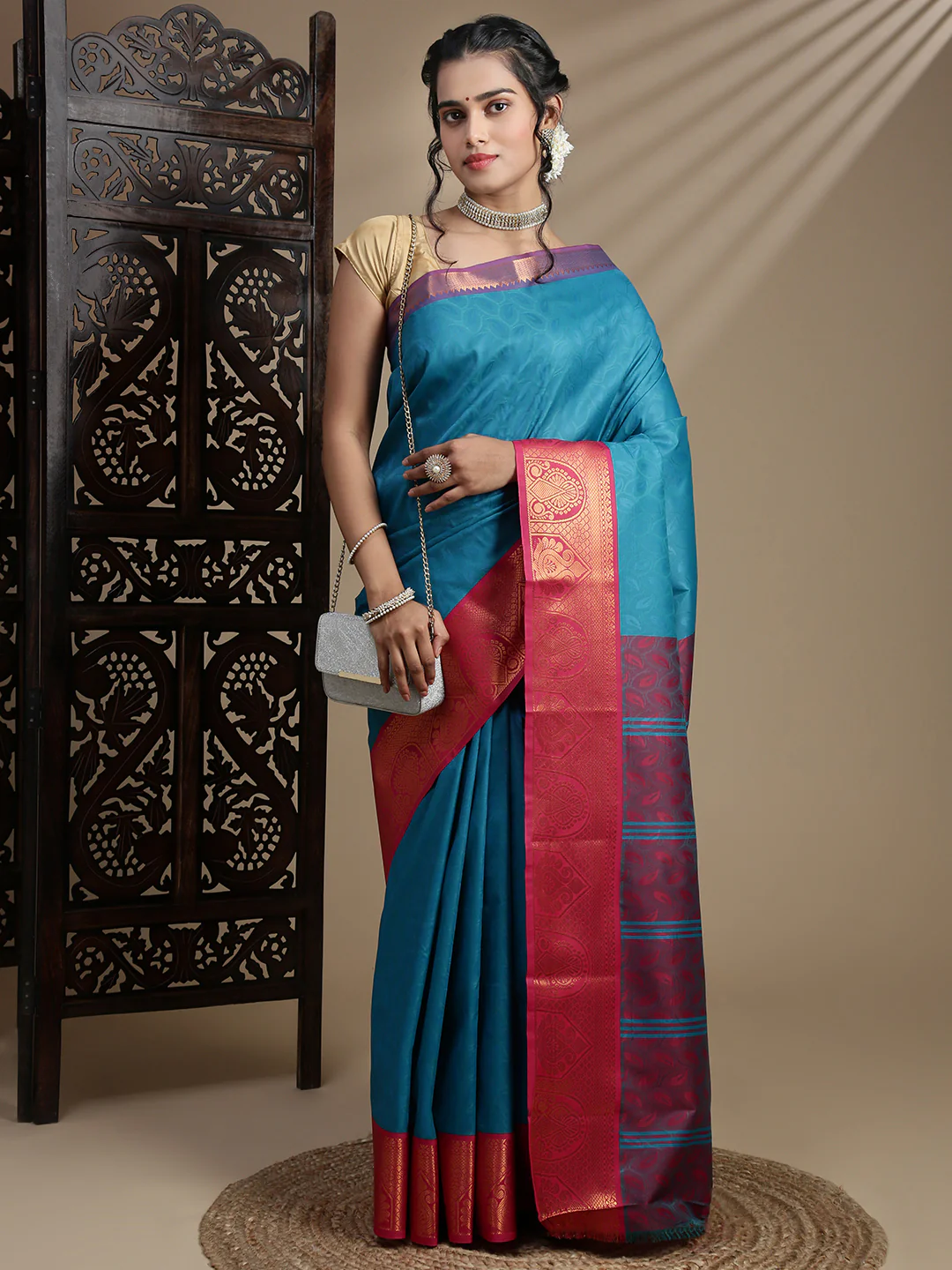 Couple Combo Shirt & Dhoti Set with Saree Jungle Green ASS121 - Image 4