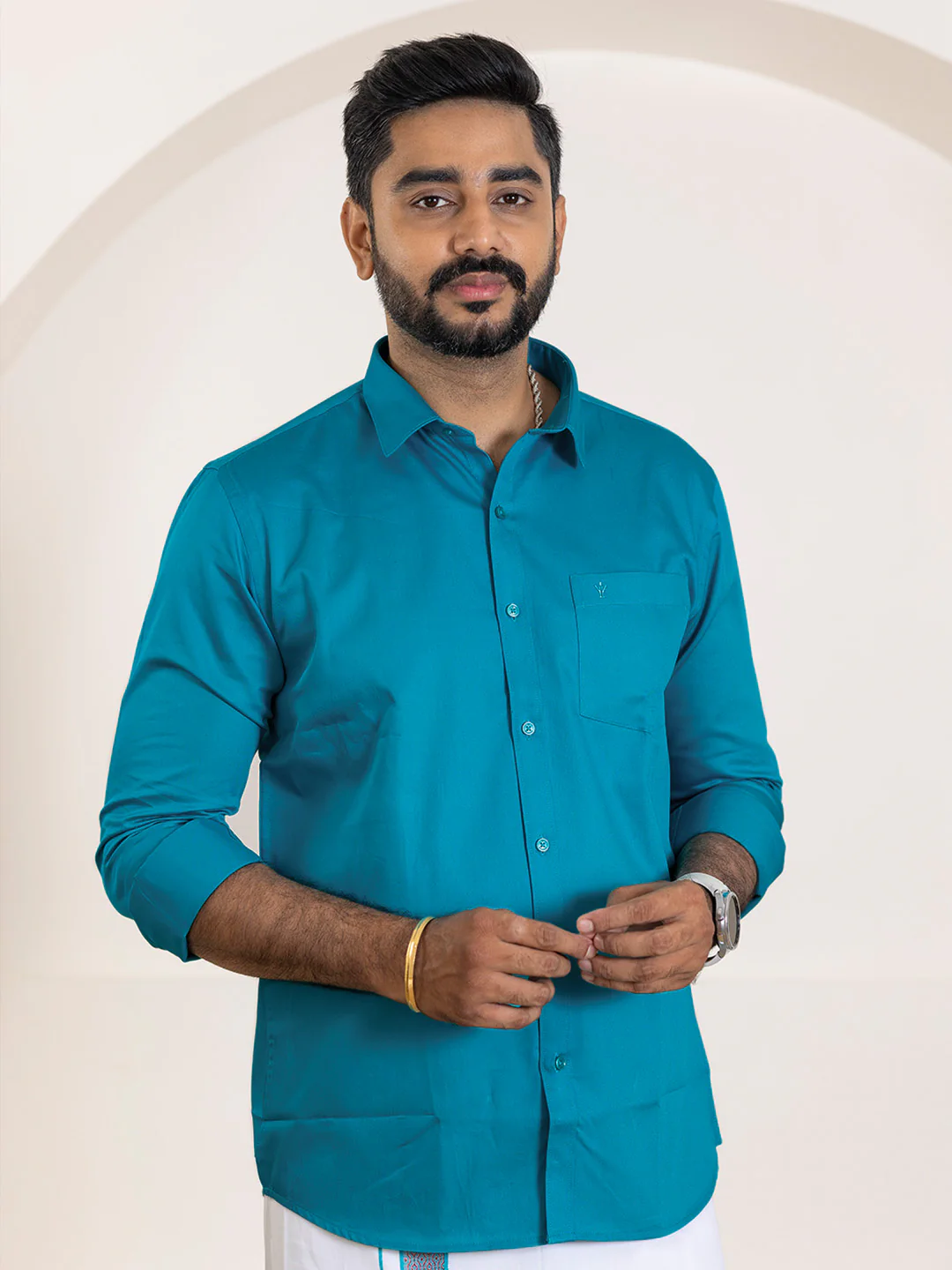 Couple Combo Shirt & Dhoti Set with Saree Jungle Green ASS121 - Image 6