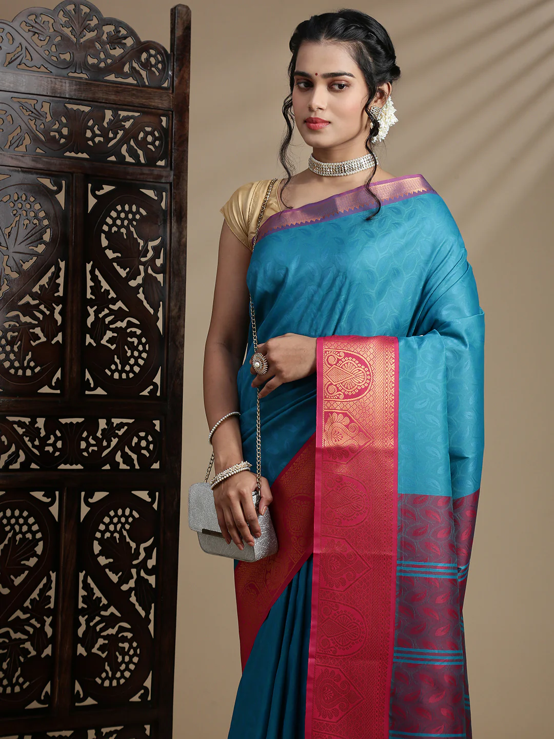 Couple Combo Shirt & Dhoti Set with Saree Jungle Green ASS121 - Image 7