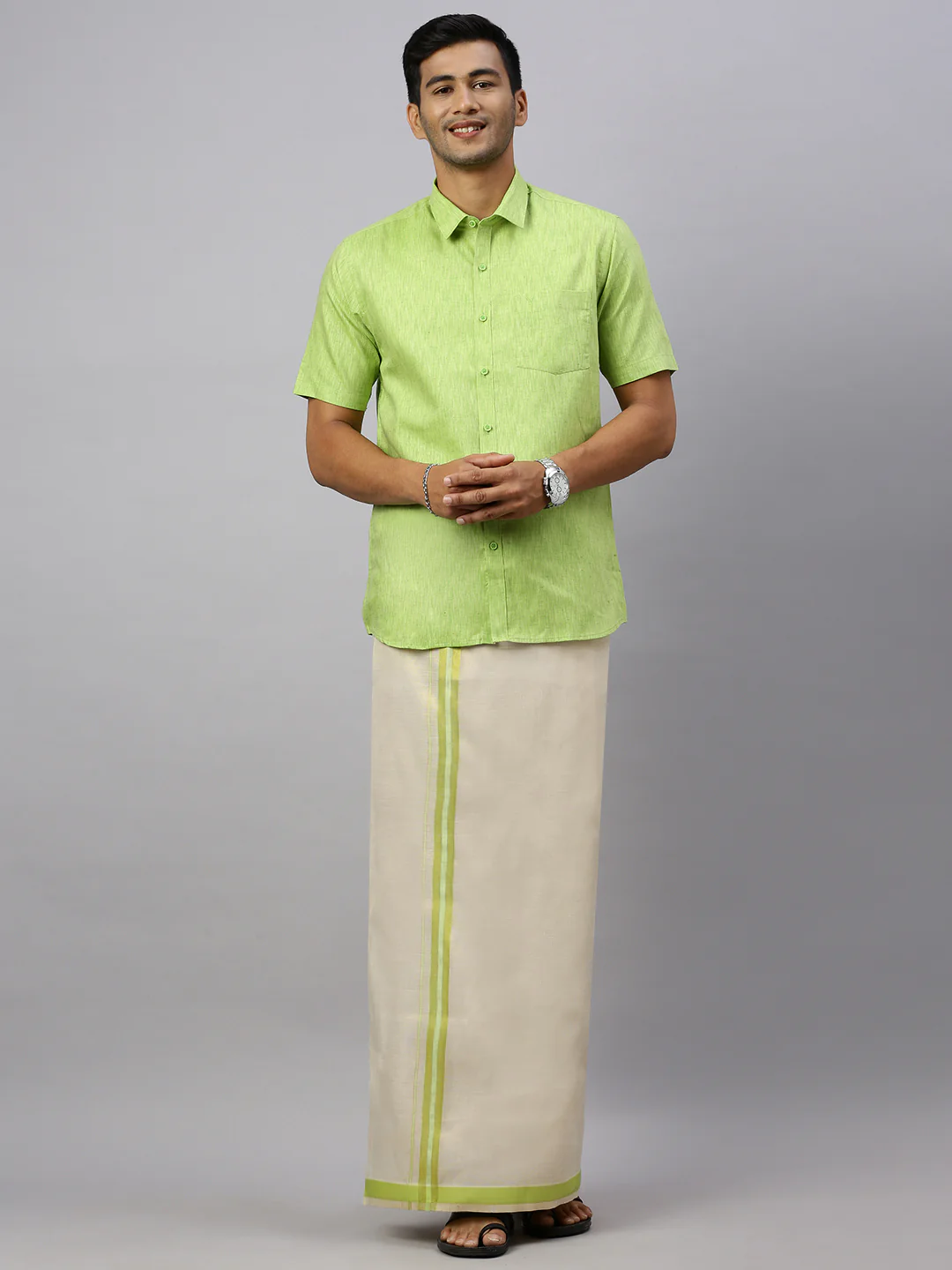Couple Combo Shirt & Dhoti Set with Saree Light Green SC71 - Image 2