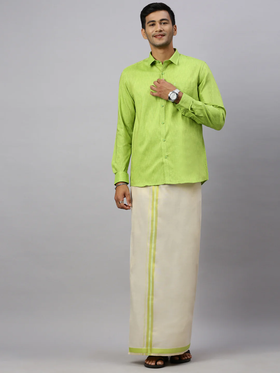 Couple Combo Shirt & Dhoti Set with Saree Light Green SC71 - Image 4