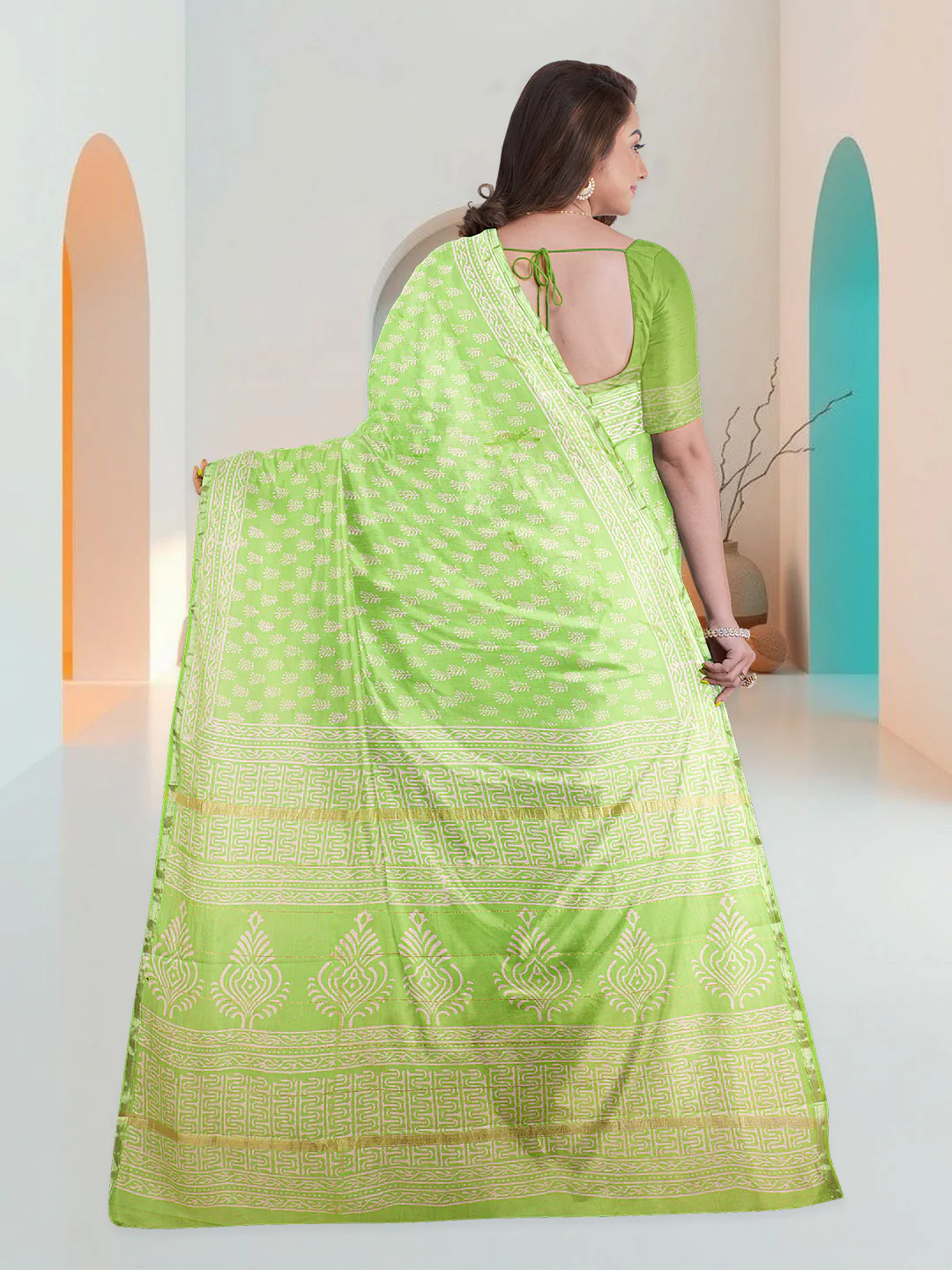 Couple Combo Shirt & Dhoti Set with Saree Light Green SC71 - Image 5