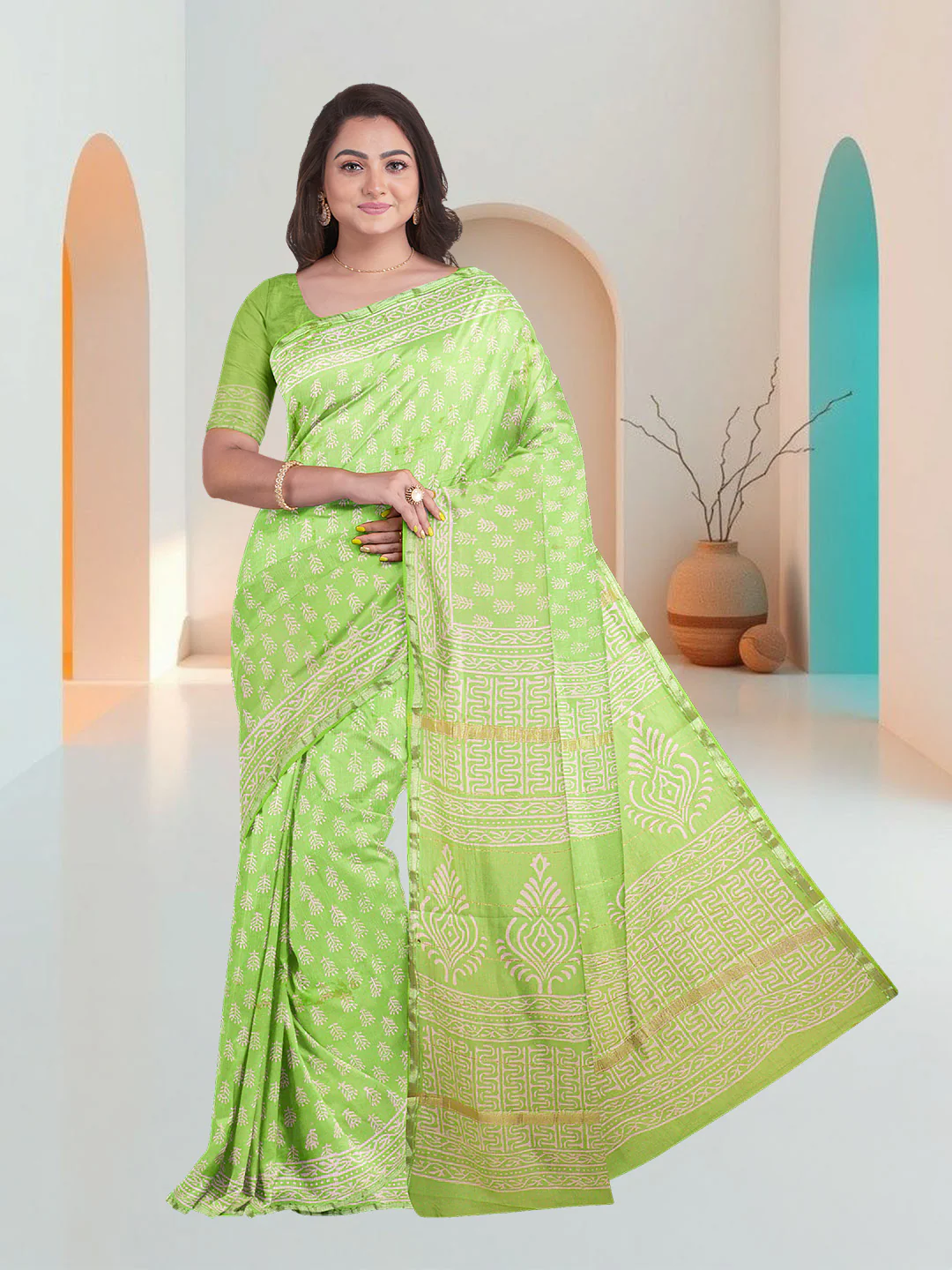Couple Combo Shirt & Dhoti Set with Saree Light Green SC71 - Image 7