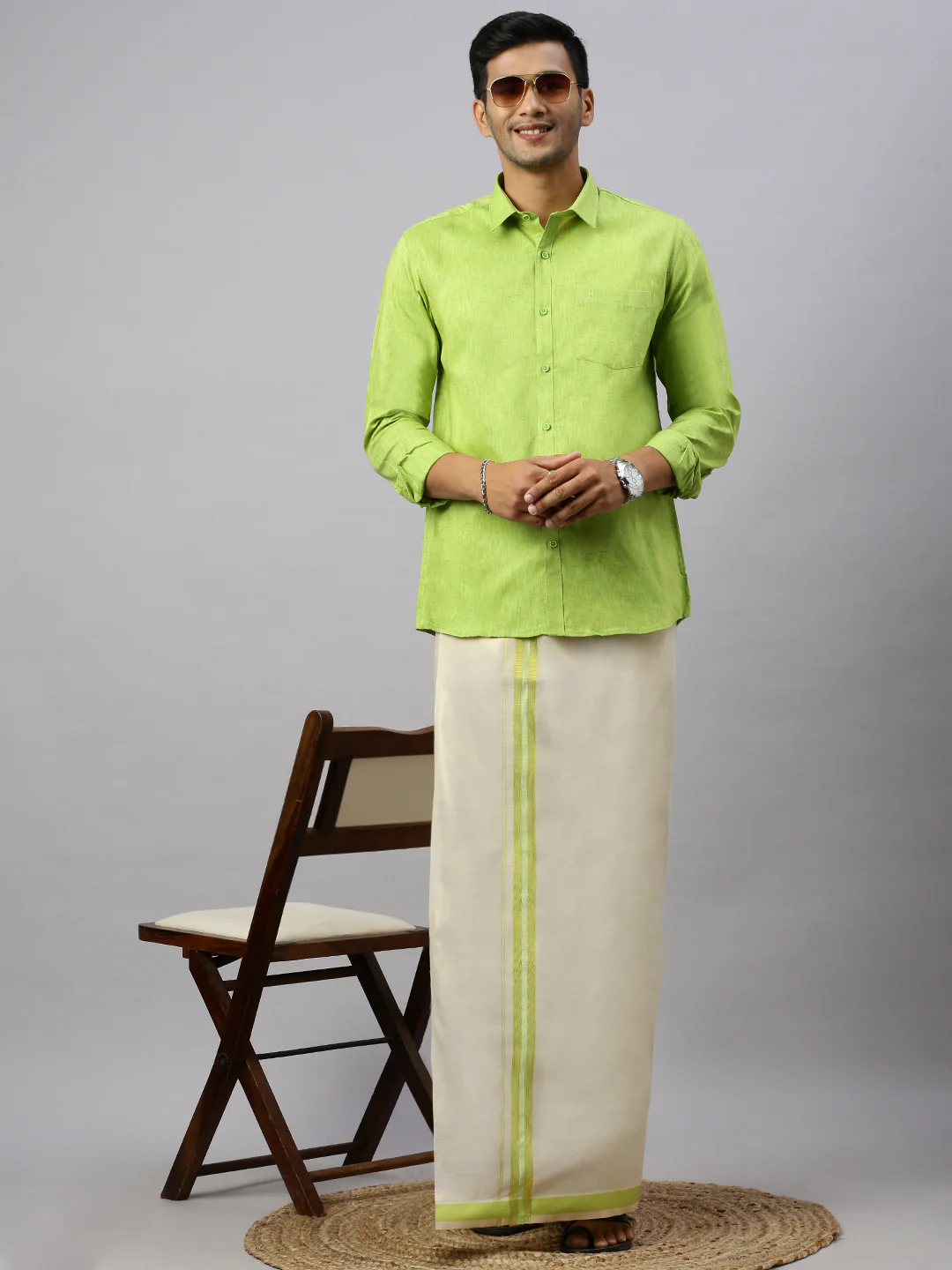 Couple Combo Shirt & Dhoti Set with Saree Light Green SC71 - Image 8