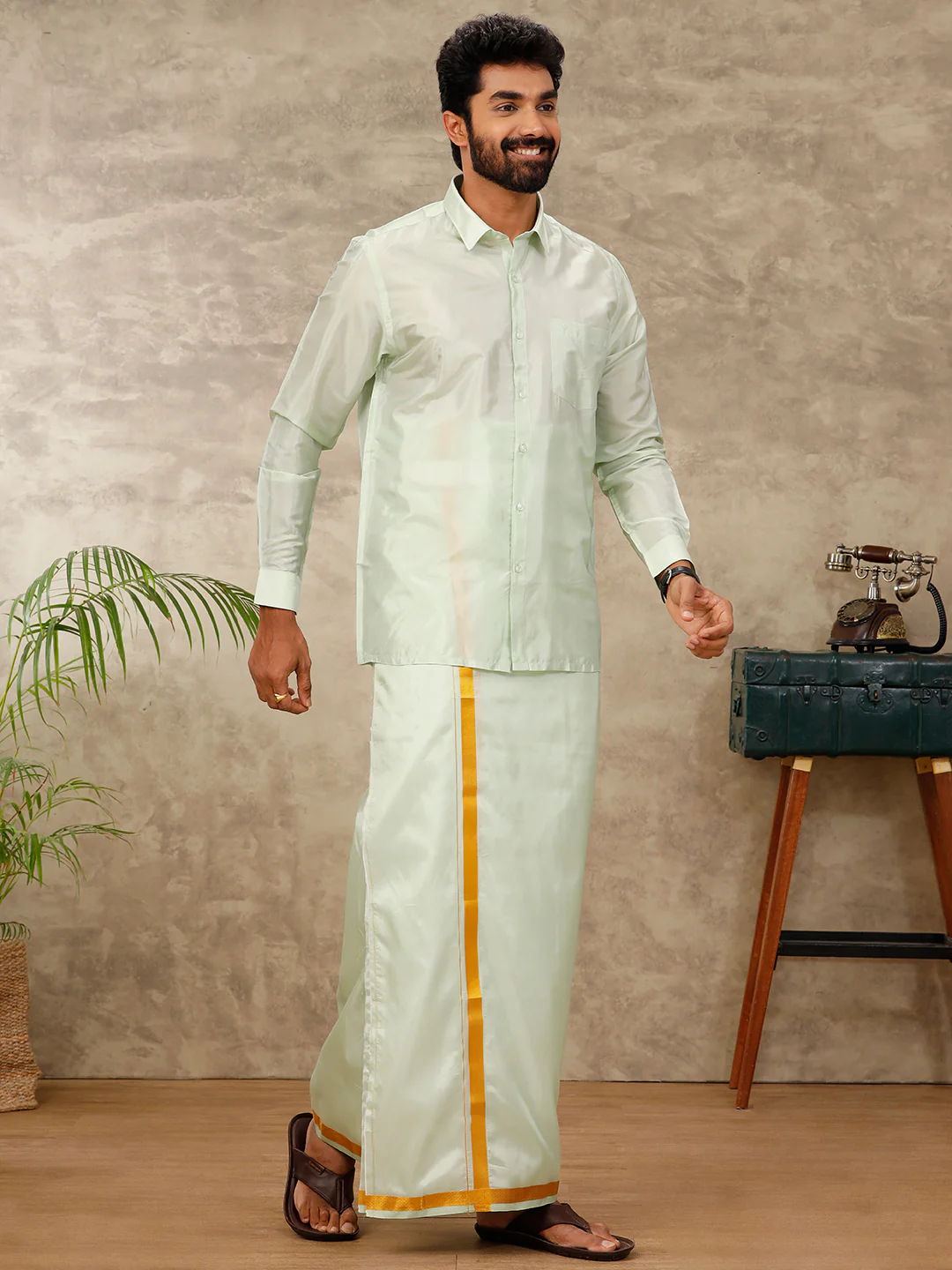 Couple Combo Shirt & Dhoti Set with Saree Marine Green ASS97 - Image 5