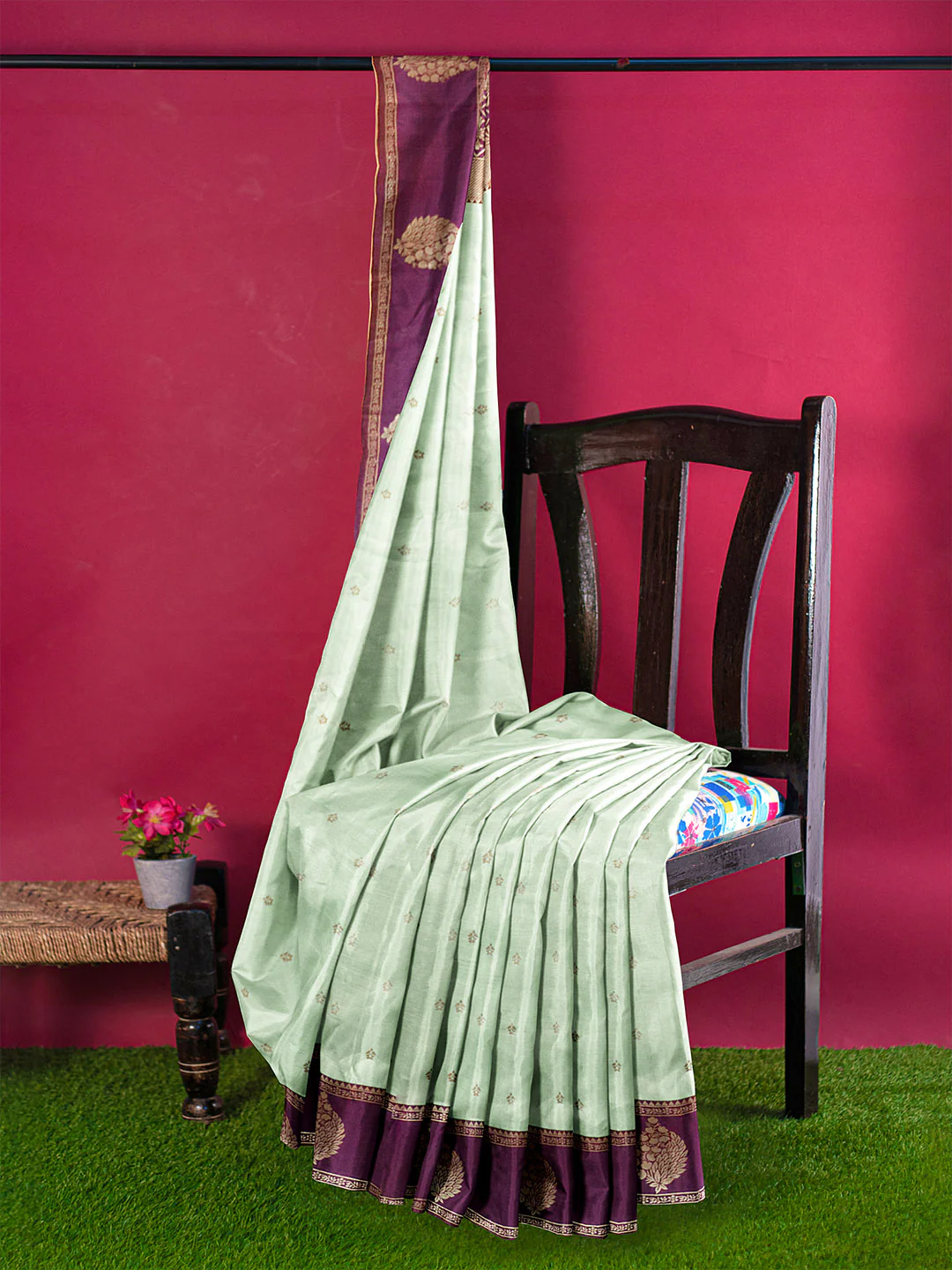Couple Combo Shirt & Dhoti Set with Saree Marine Green ASS97 - Image 7