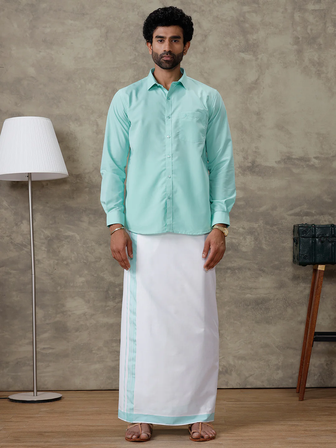 Couple Combo Shirt & Dhoti Set with Saree Mint Green SS391 - Image 4