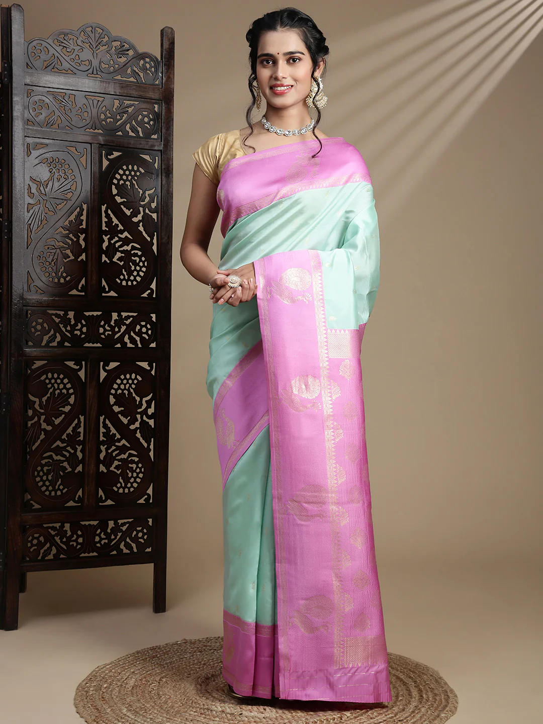 Couple Combo Shirt & Dhoti Set with Saree Mint Green SS391 - Image 5