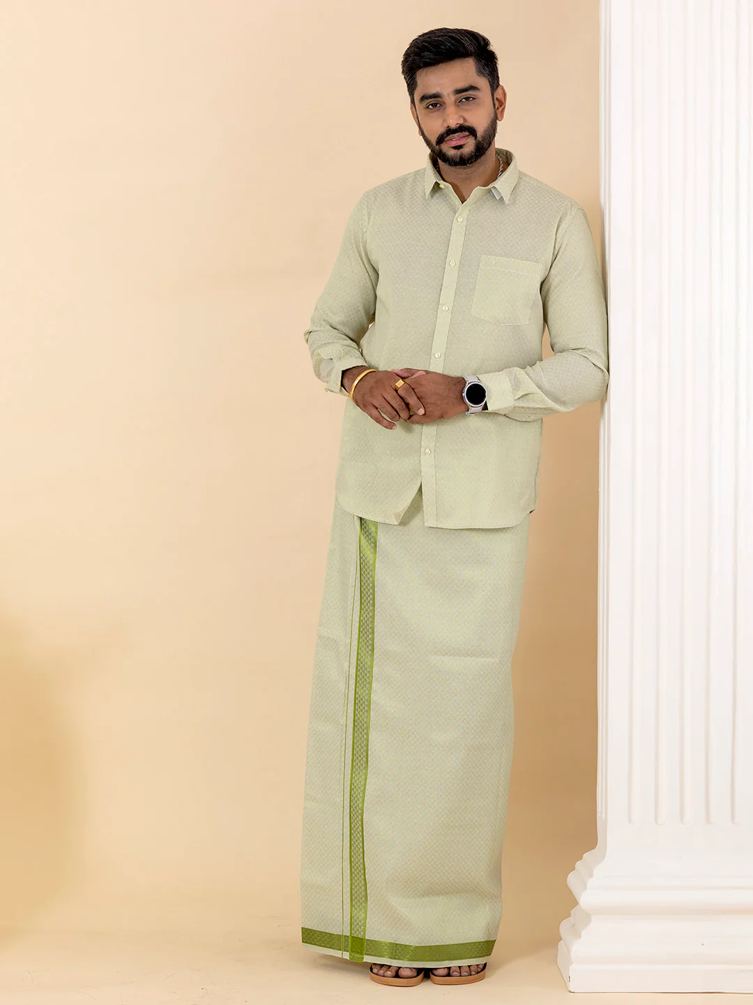 Couple Combo Shirt & Dhoti Set with Saree Moss Green ASS107 - Image 3