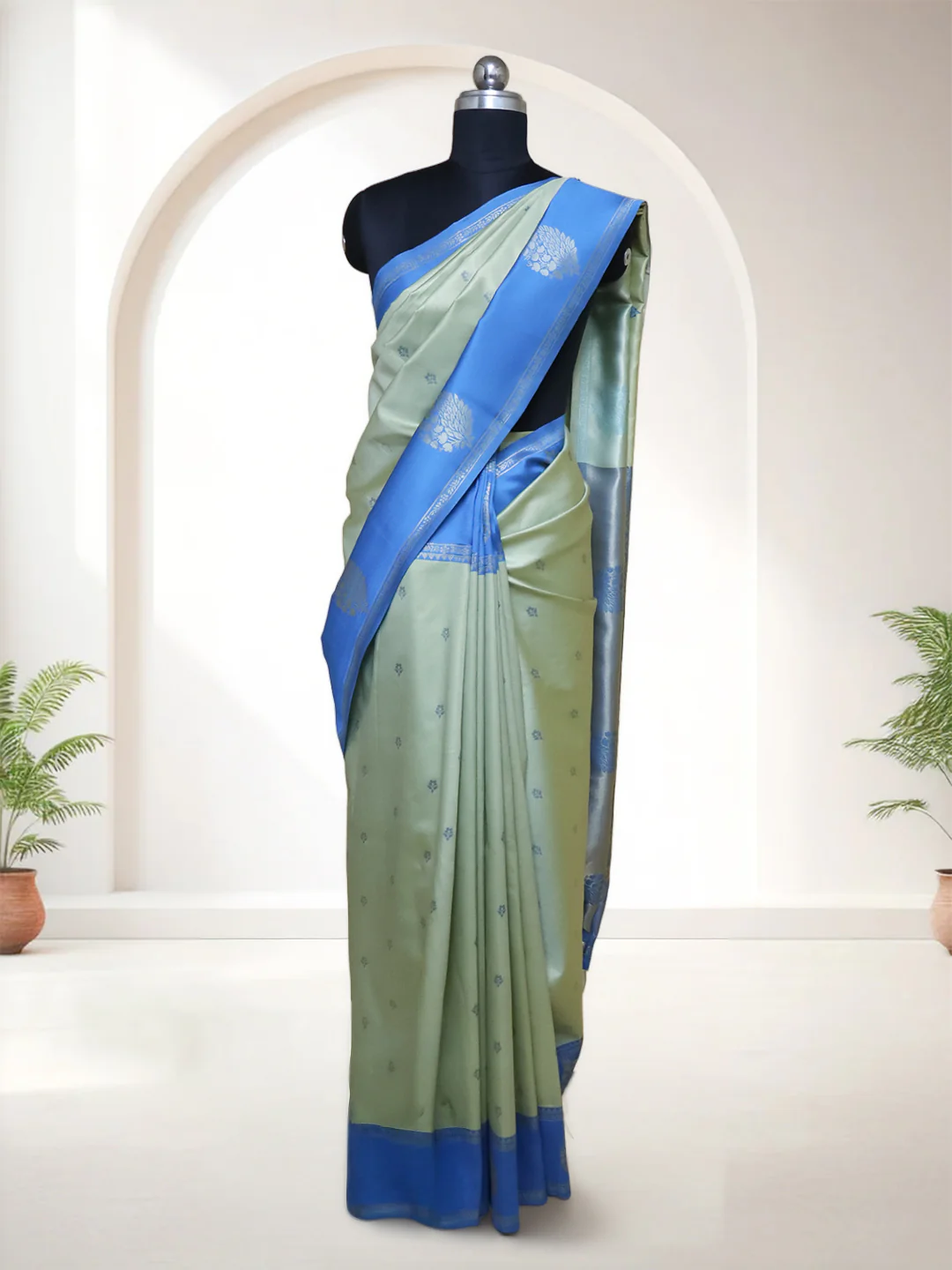 Couple Combo Shirt & Dhoti Set with Saree Moss Green ASS107 - Image 4
