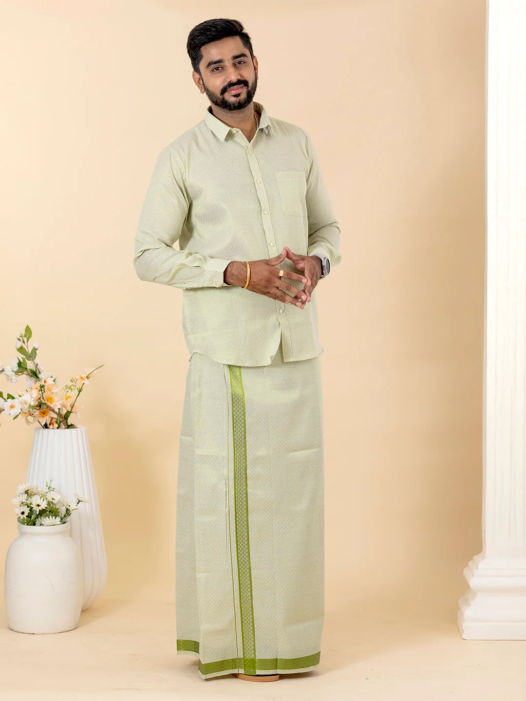 Couple Combo Shirt & Dhoti Set with Saree Moss Green ASS107 - Image 7