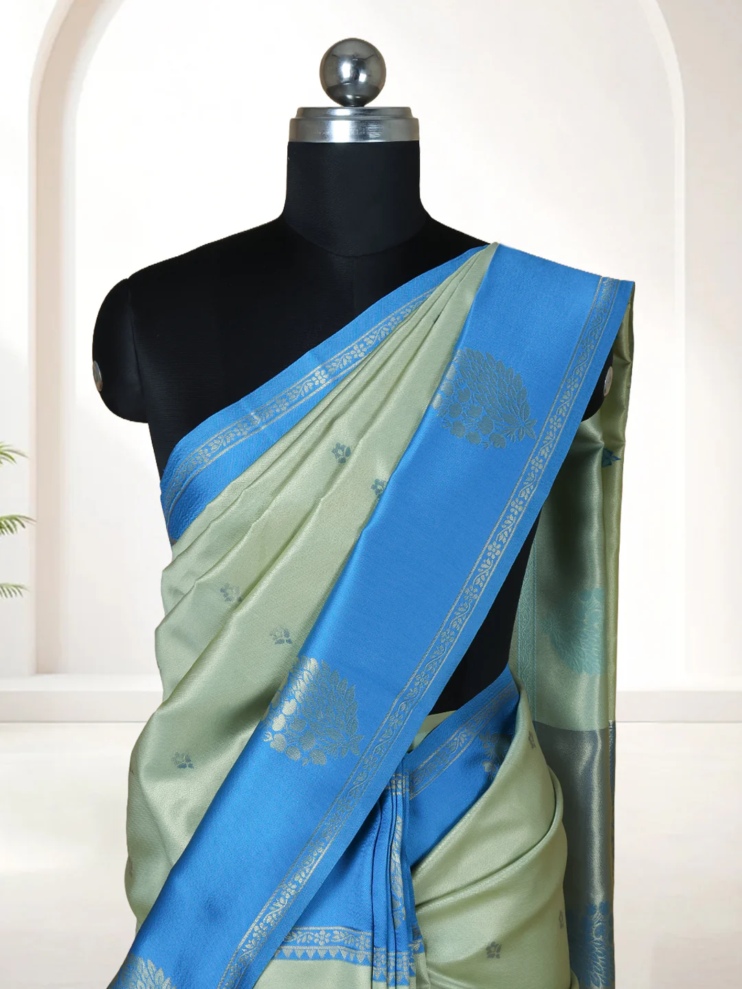 Couple Combo Shirt & Dhoti Set with Saree Moss Green ASS107 - Image 9