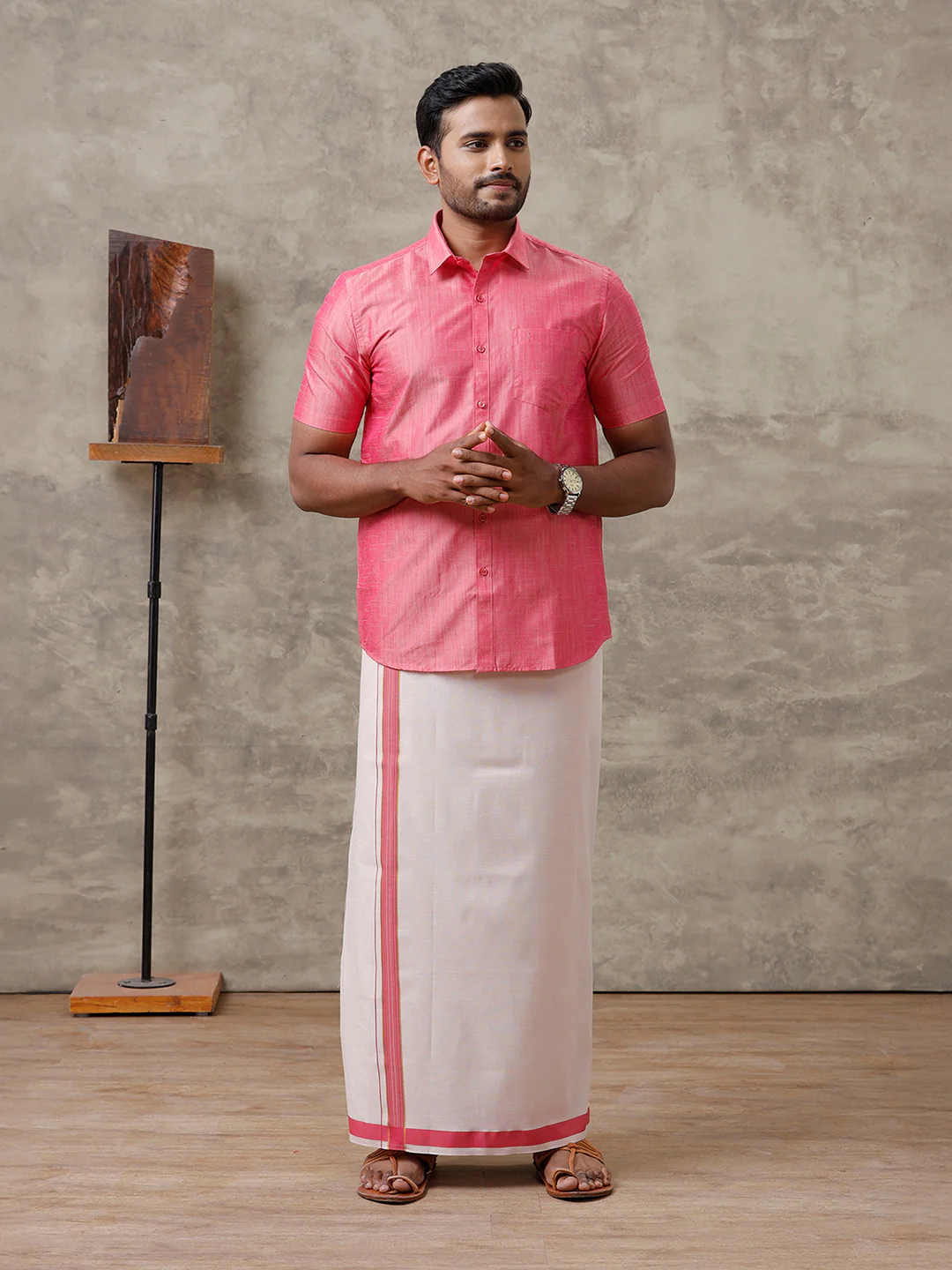 Couple Combo Shirt & Dhoti Set with Saree Pink ASS118 - Image 10