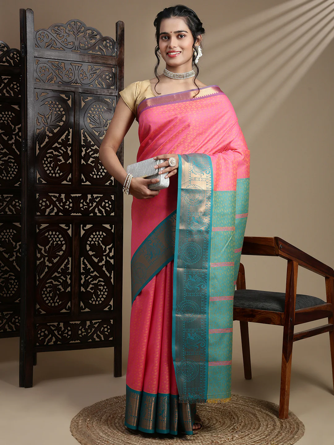 Couple Combo Shirt & Dhoti Set with Saree Pink ASS118 - Image 3