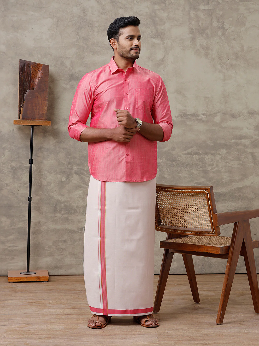 Couple Combo Shirt & Dhoti Set with Saree Pink ASS118 - Image 4