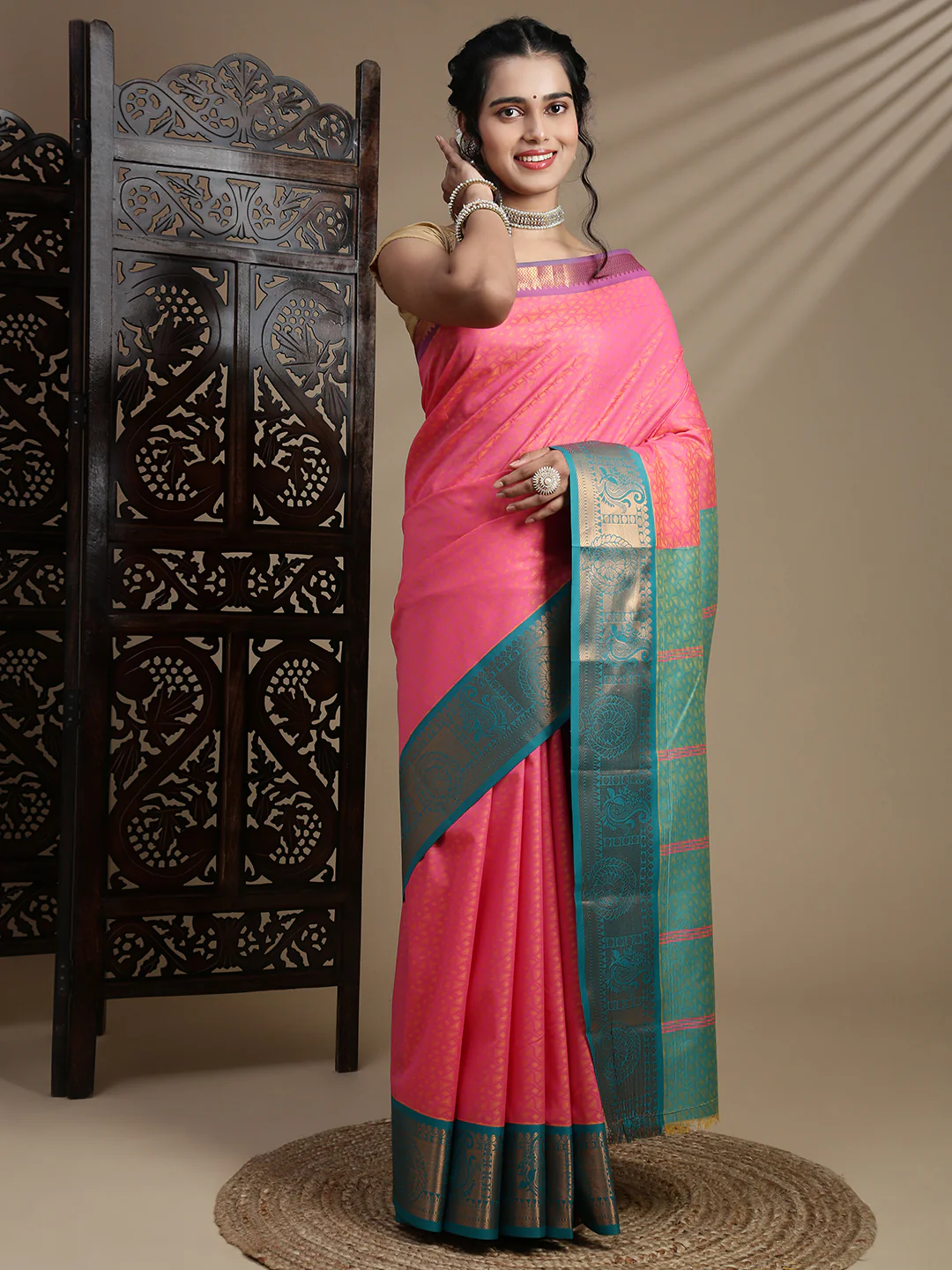 Couple Combo Shirt & Dhoti Set with Saree Pink ASS118 - Image 5
