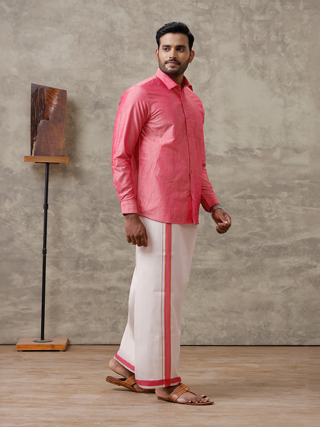 Couple Combo Shirt & Dhoti Set with Saree Pink ASS118 - Image 6