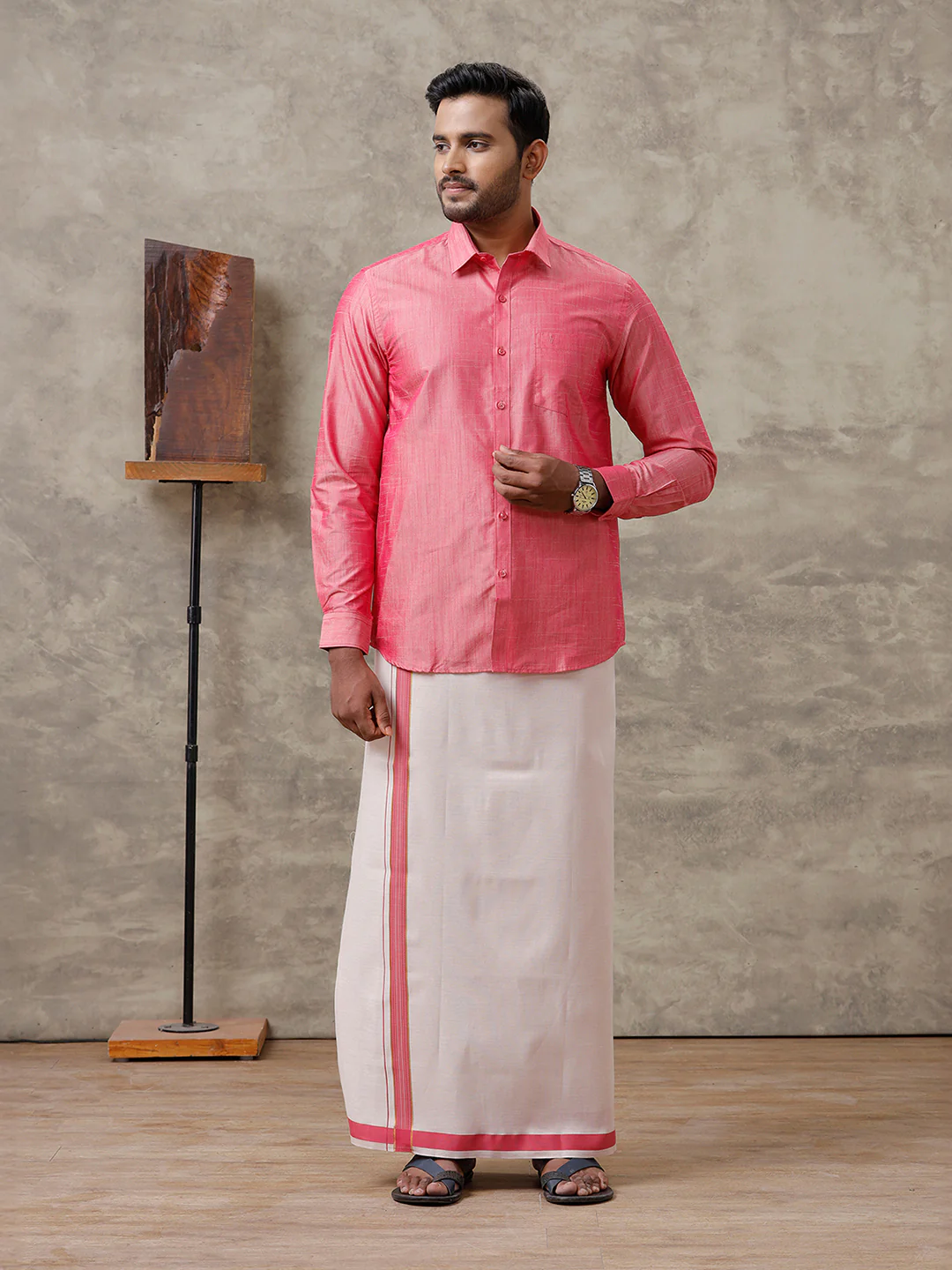 Couple Combo Shirt & Dhoti Set with Saree Pink ASS118 - Image 8