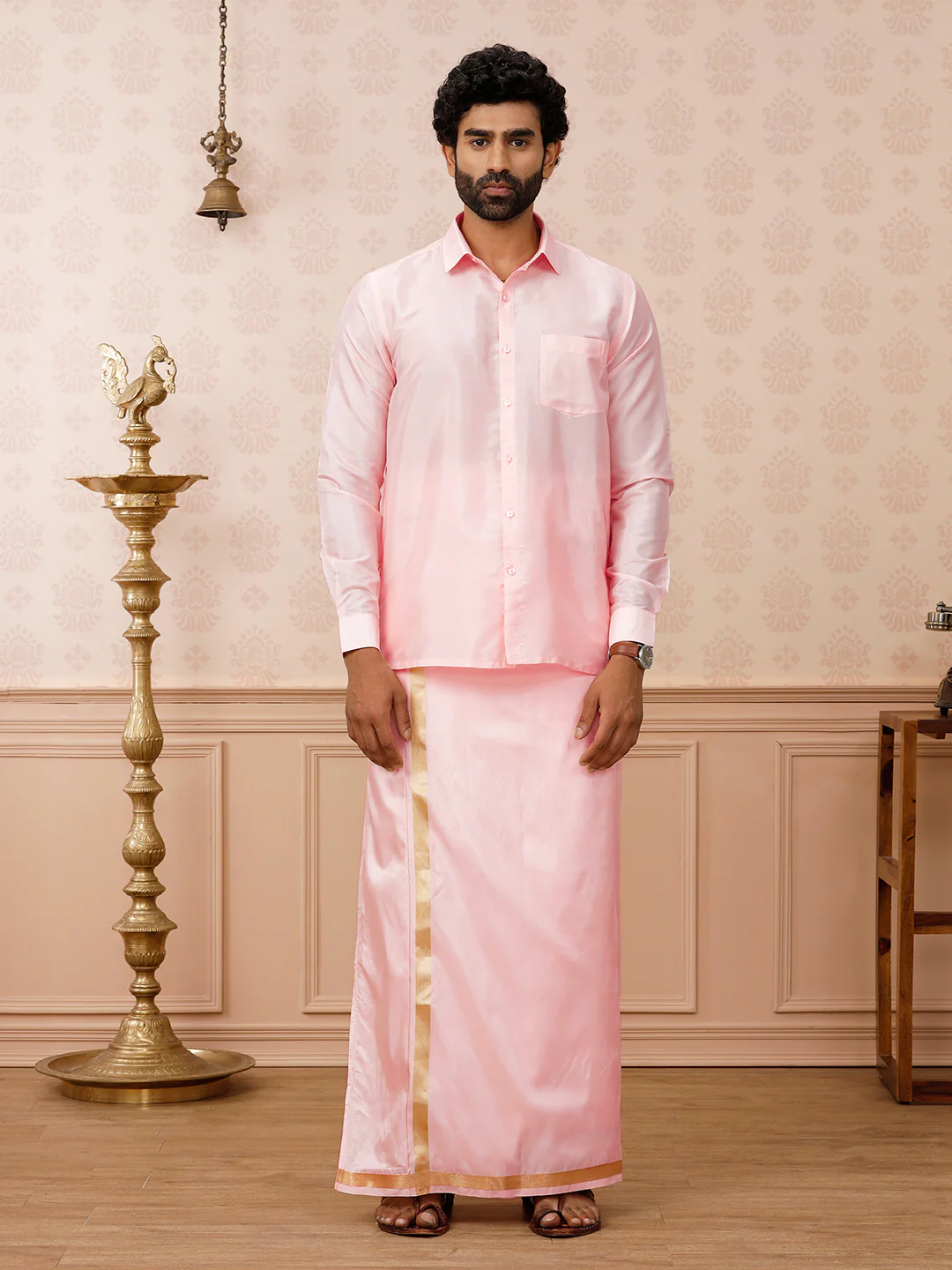 Couple Combo Shirt & Dhoti Set with Saree Pink ASS96 - Image 8