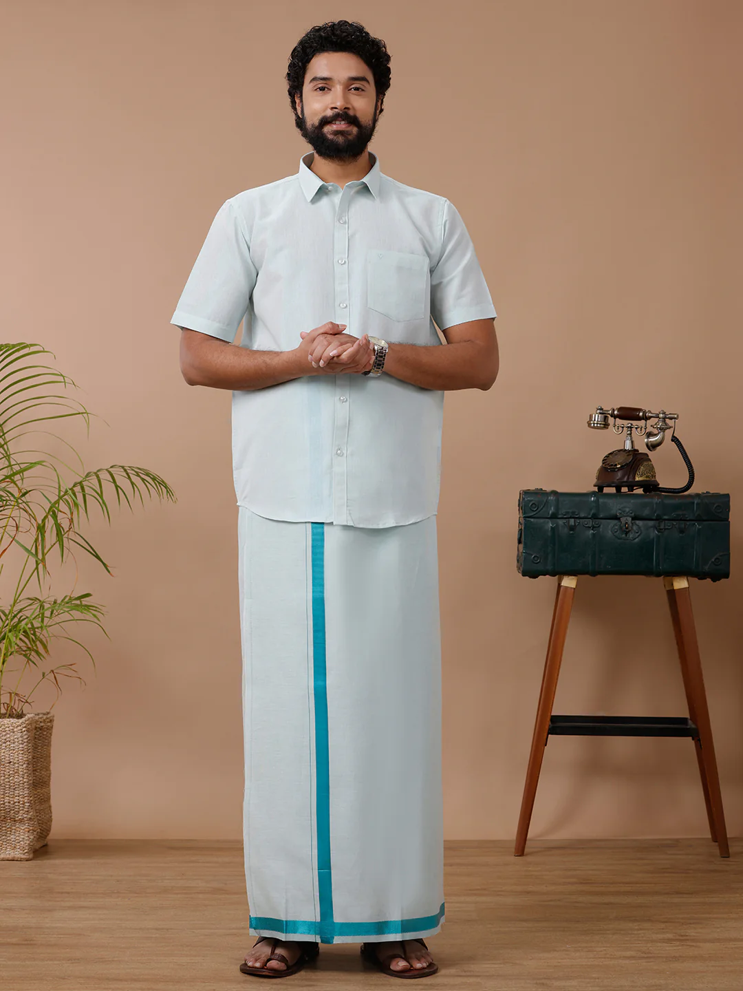 Couple Combo Shirt & Dhoti Set with Saree Ramar Green TS59 - Image 4