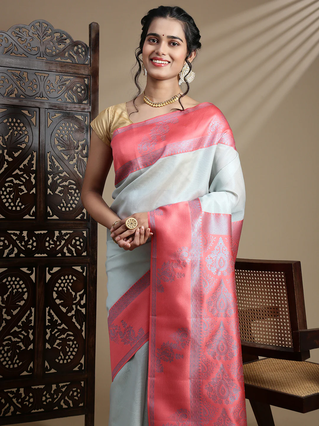 Couple Combo Shirt & Dhoti Set with Saree Ramar Green TS59 - Image 5